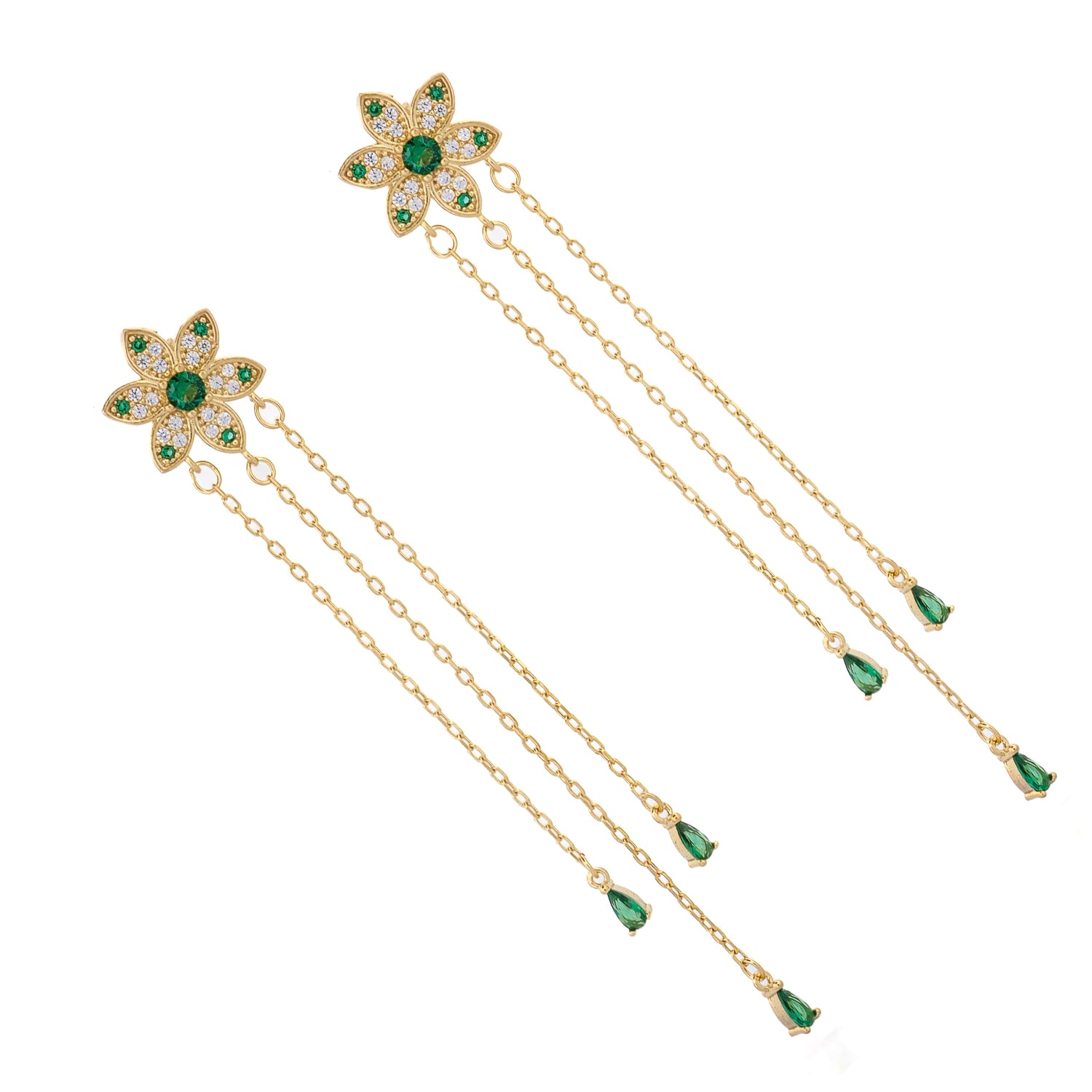 Blossom Glow emerald drop earrings with green emerald stones set in 18k gold vermeil, floral motif, and fine dangling gold chains.