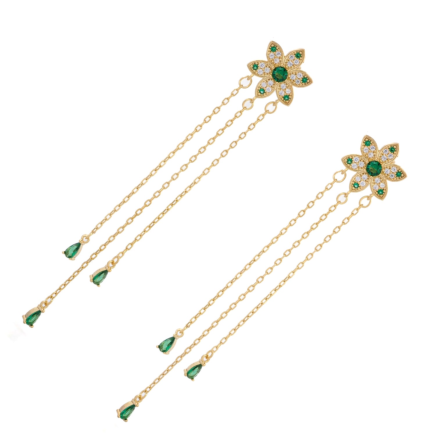Emerald drop earrings in 18k gold vermeil with floral-inspired setting, vibrant green stones, and fine gold chain accents.