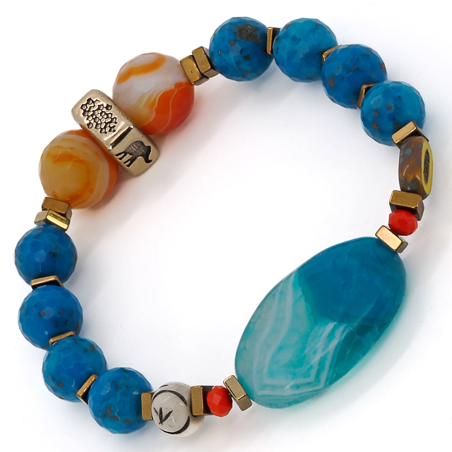 Embrace the energy of the Blue Agate Summer Vibe Bracelet, featuring blue agate, orange agate, and turquoise stones.