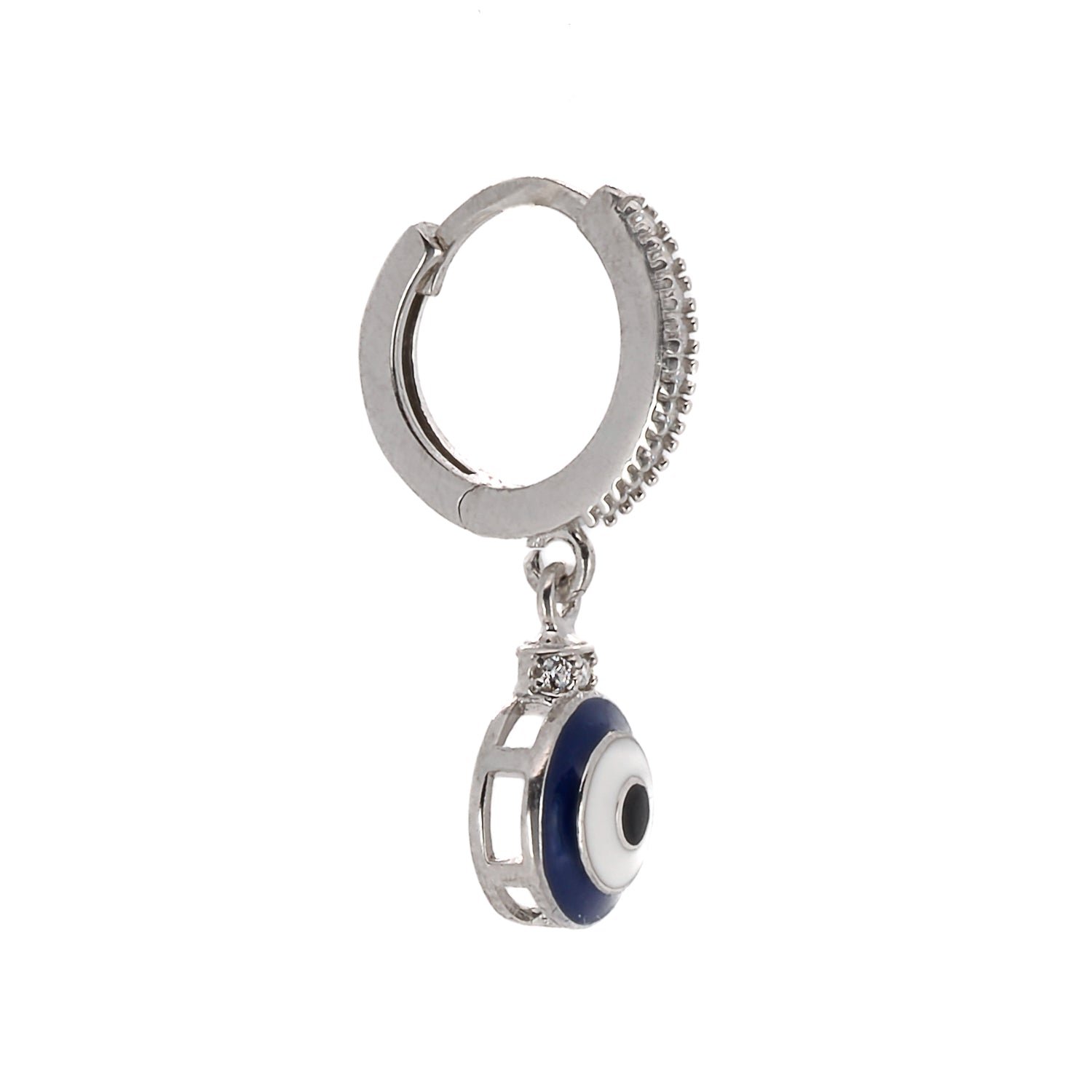 Handmade sterling silver earrings featuring a delicate blue evil eye design