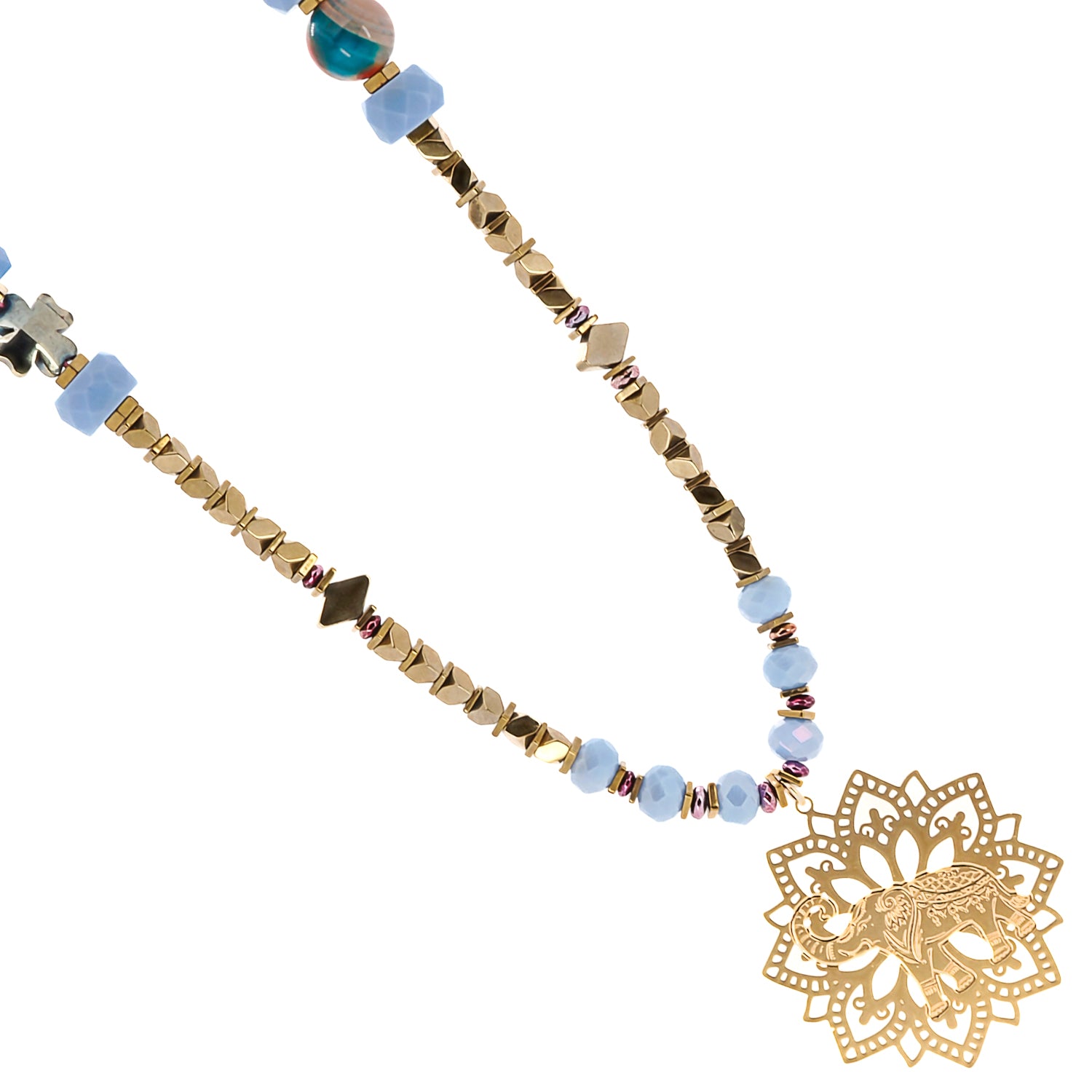 Gold-colored hematite flower bead on the Blue Magic Gold Elephant Necklace, enhancing the overall design with its intricate detailing.
