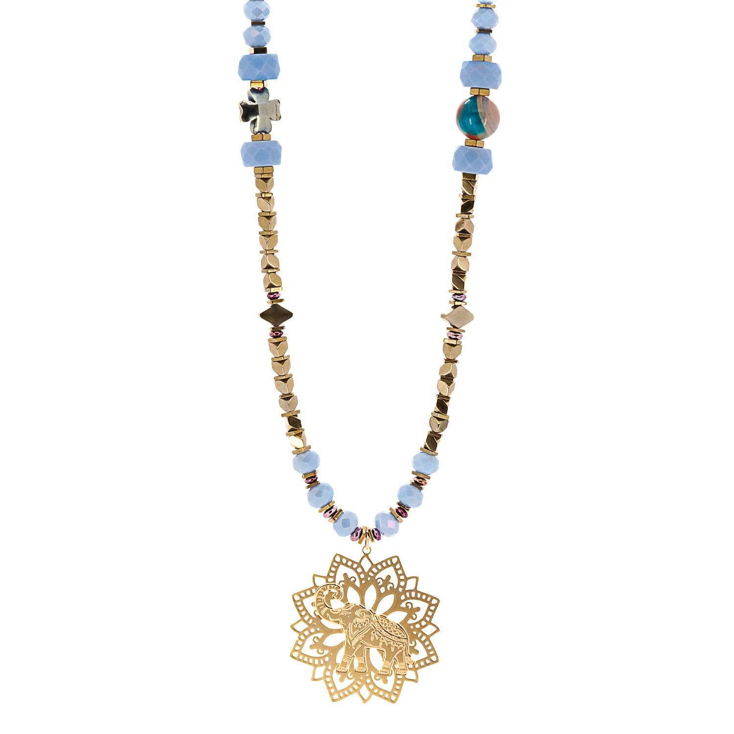 Blue Magic Gold Elephant Necklace showcasing the intricate design and combination of blue crystal beads, gold-colored hematite stone beads, and the 18K gold plated elephant pendant.