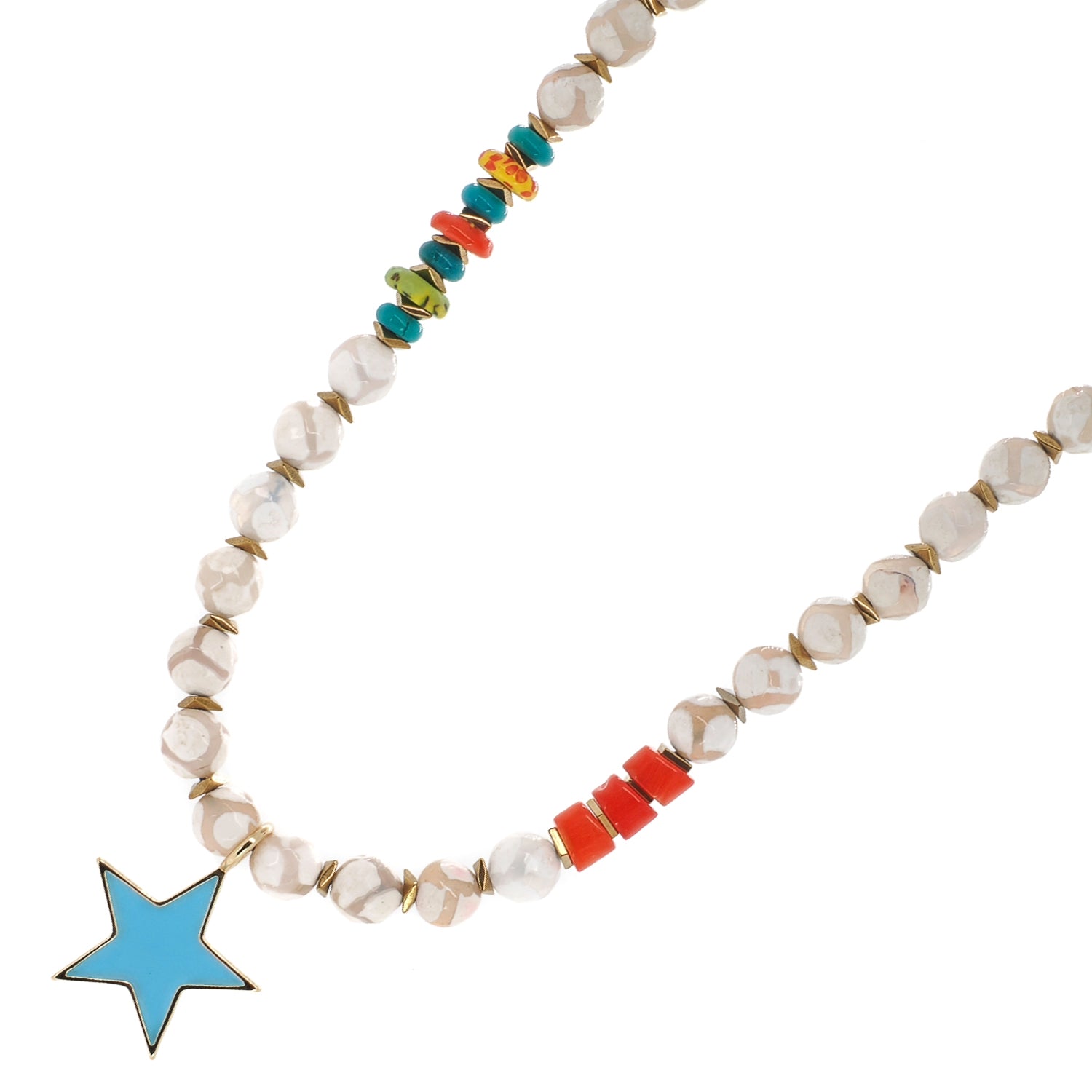 White Tibetan agate choker with blue enamel star pendant and gold hematite spacers
