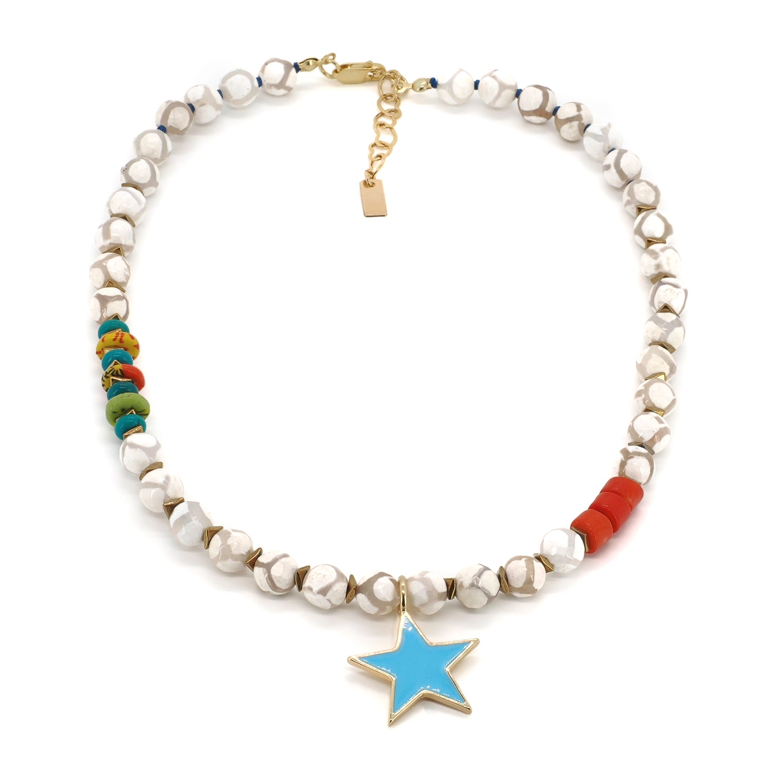 Blue star Tibetan agate choker summer necklace with turquoise and coral beads