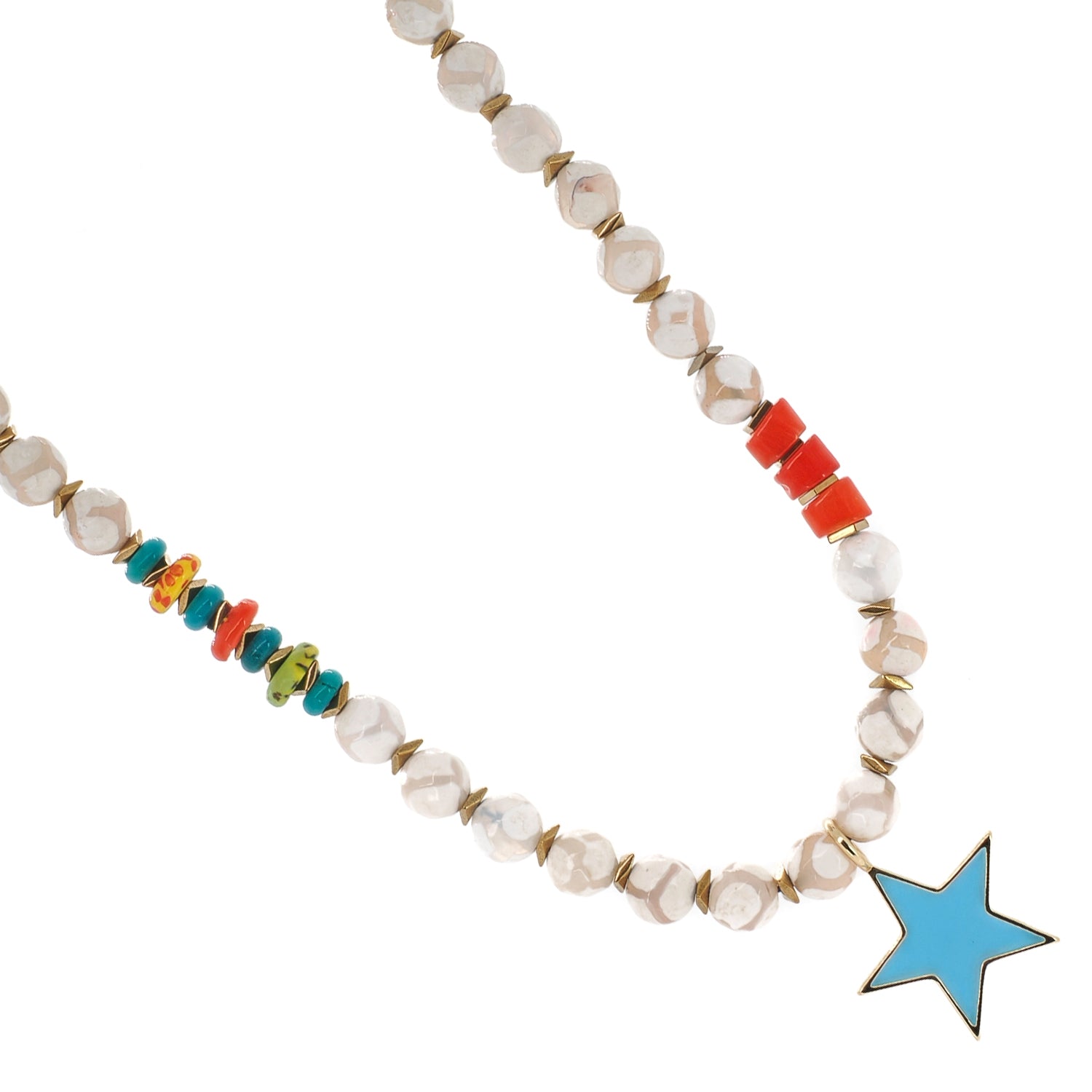 Handmade agate beaded choker with turquoise coral accents and blue star charm