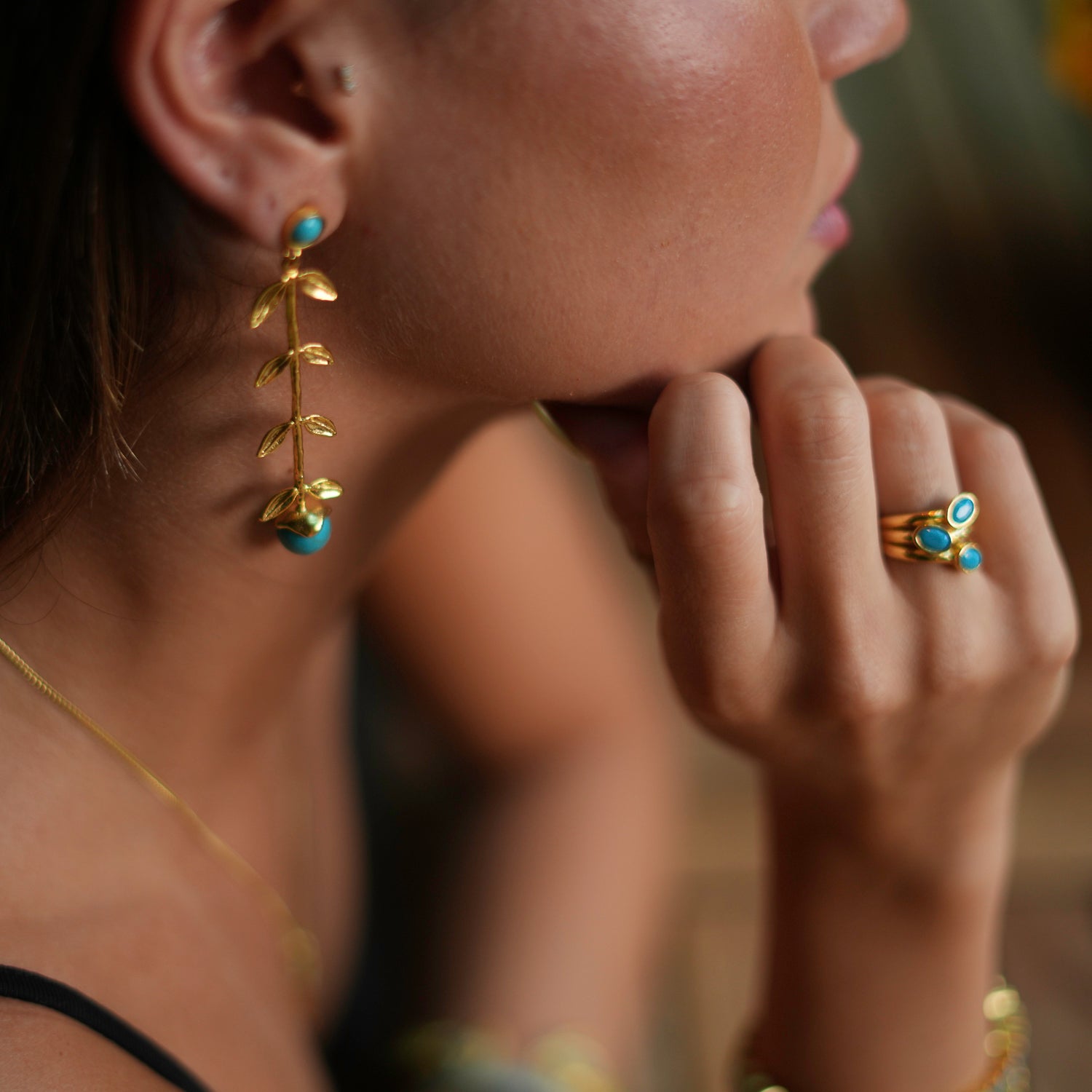 Bohemian Elegance Gold Leaf &amp; Turquoise Stone Dangle Earrings