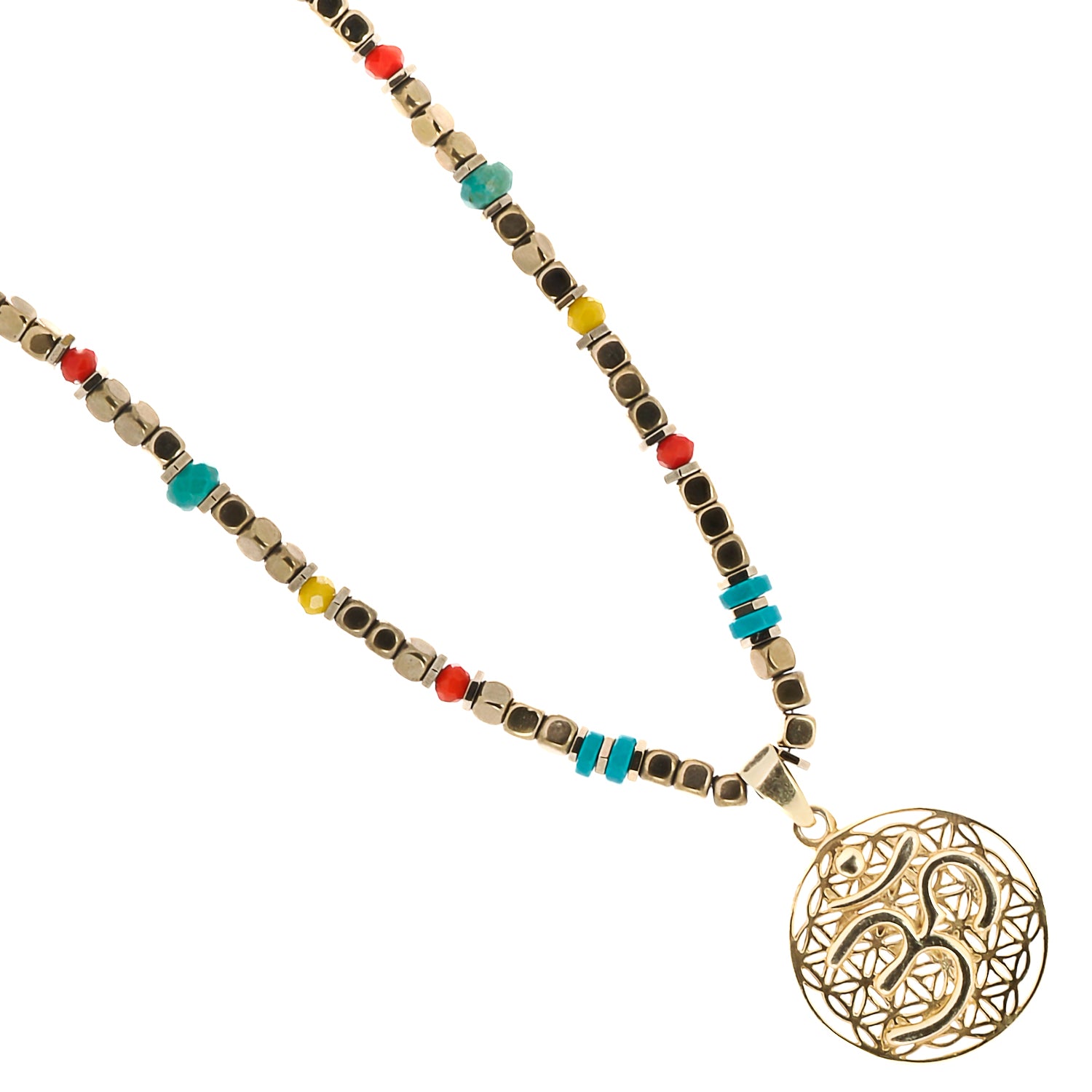 Turquoise stone beads adding a refreshing pop of color to the Breathe Om Gold Necklace, promoting calmness and balance.