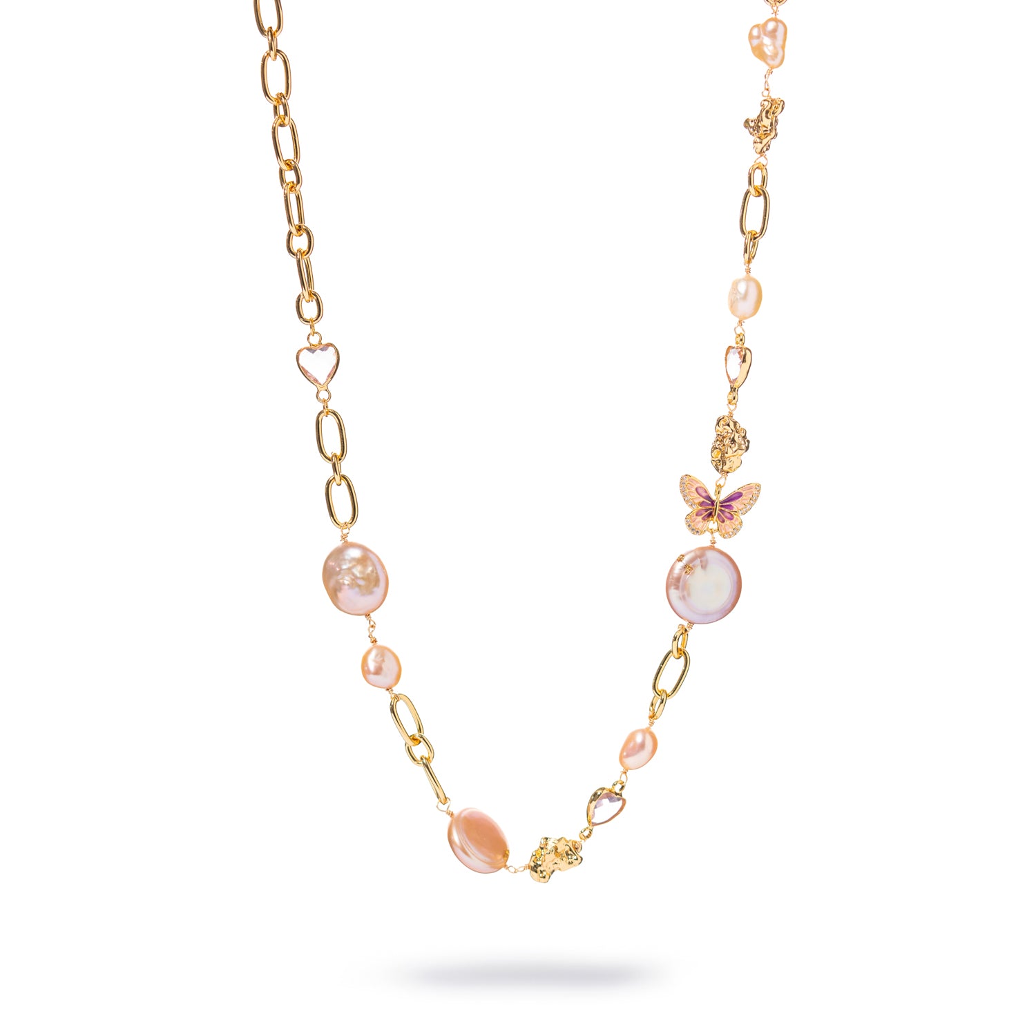 Gold 18K plated chain necklace with pink enamel butterfly charm, baroque pearls, and crystal accents on a white background