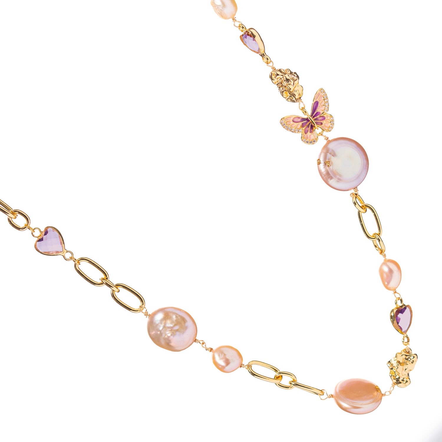 Butterfly Spirit &amp; Baroque Pearl Charm Gold Necklace