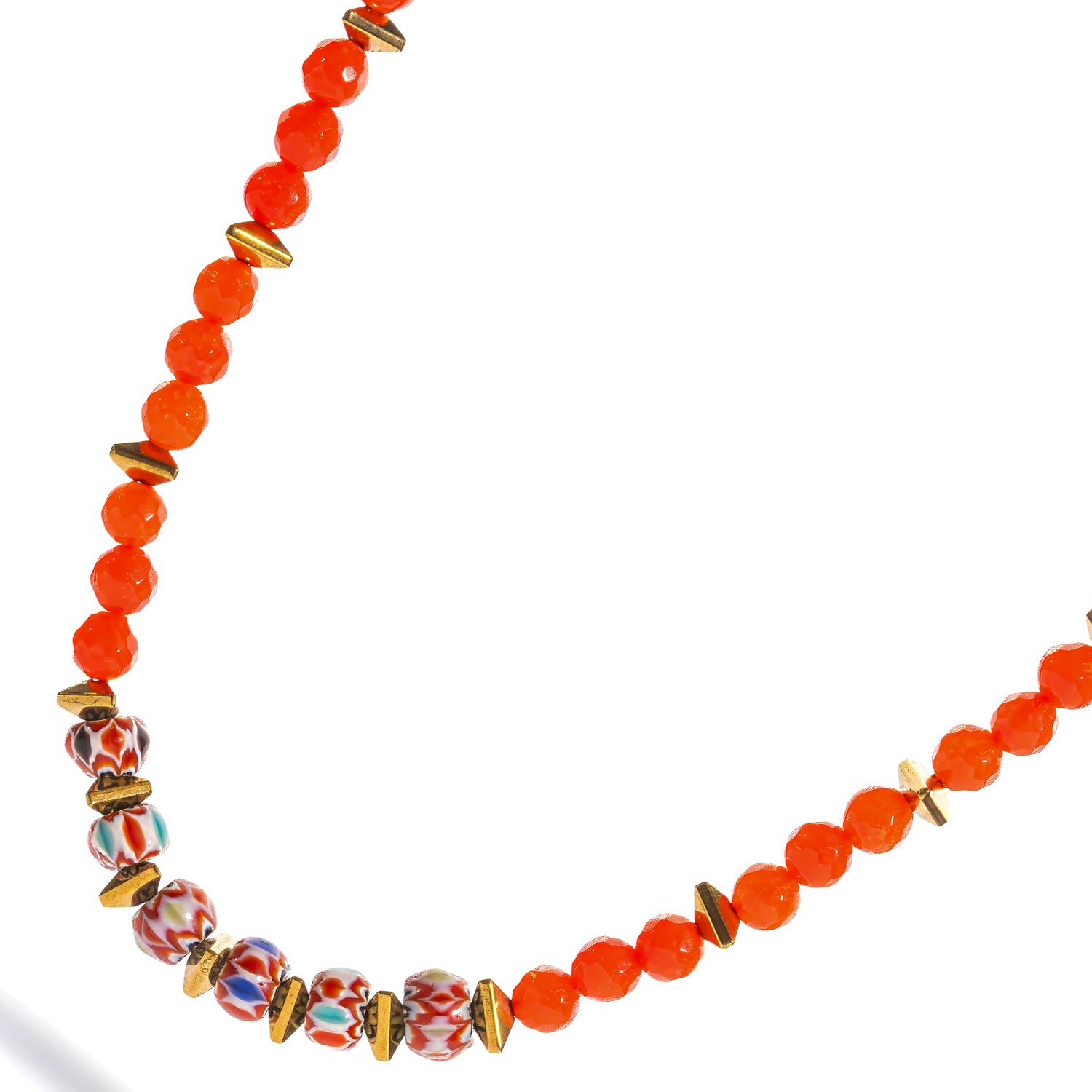 Close-up of the handmade Carnelian Fire Energy Beaded Choker, a colorful energy choker with faceted carnelian beads and gold spacers