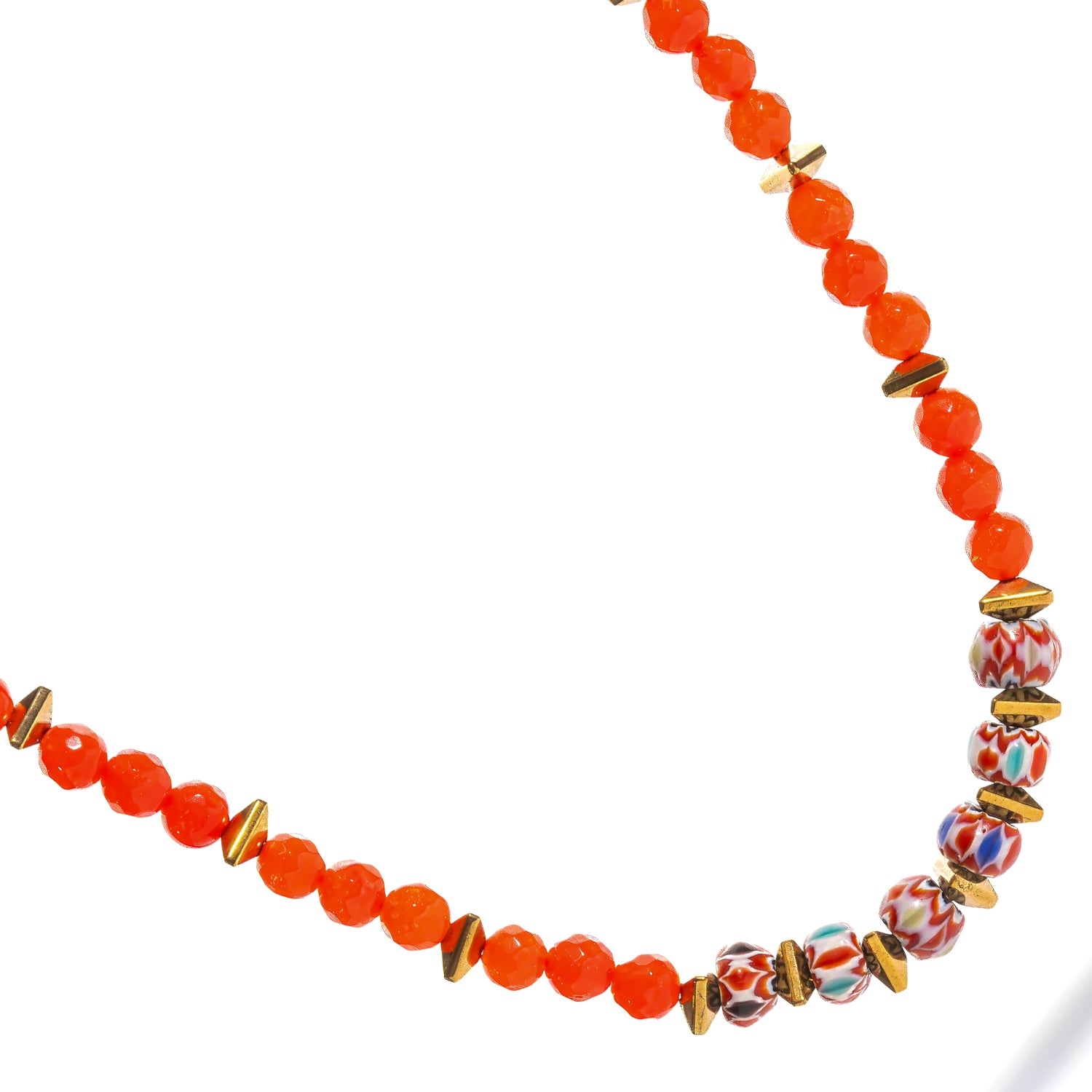Close-up of the handmade Carnelian Fire Energy Beaded Choker, a colorful boho choker necklace with carnelian beads and gold spacers