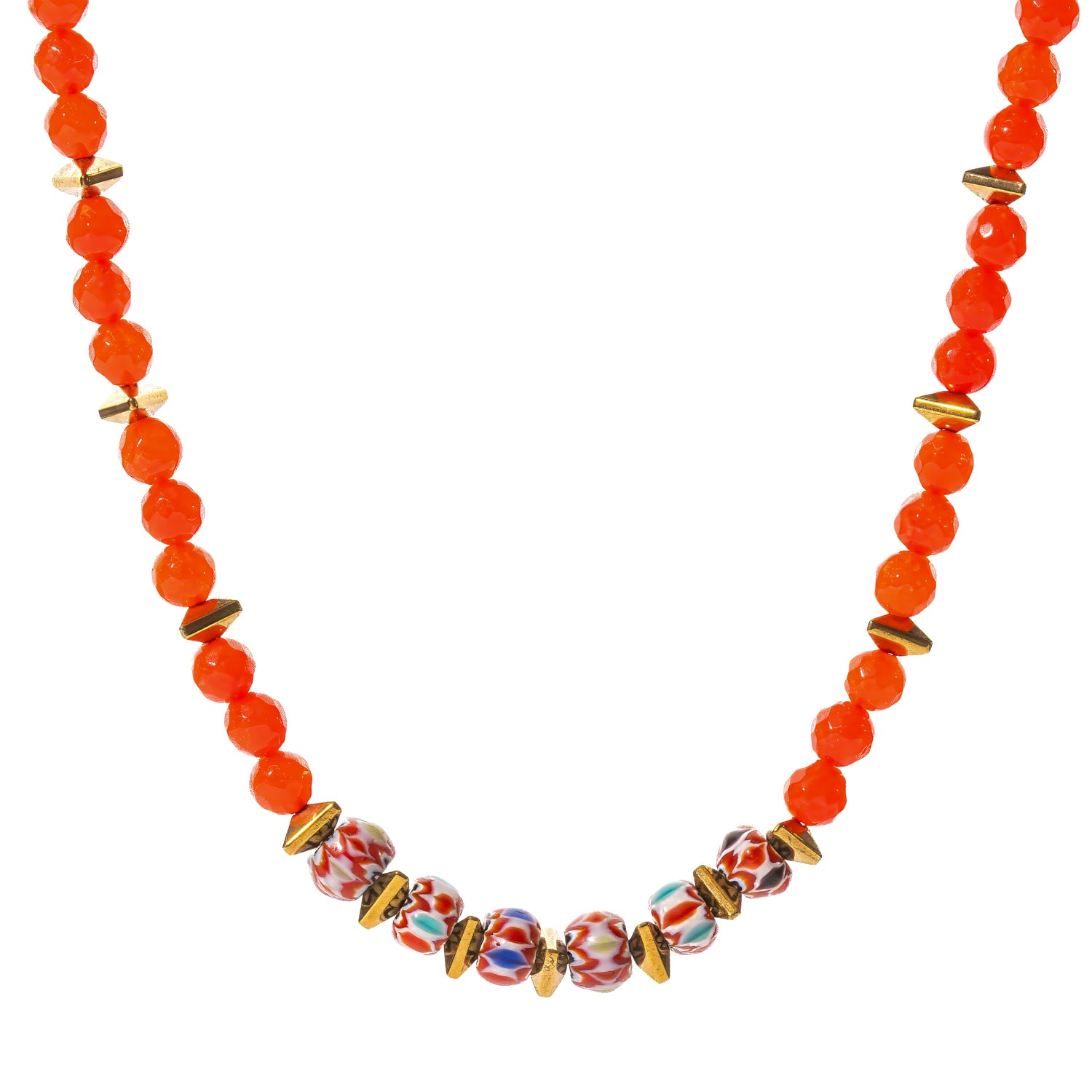 Handmade Carnelian Fire Energy Beaded Choker on white background, a colorful energy choker with faceted carnelian beads, gold spacers, and patterned glass beads