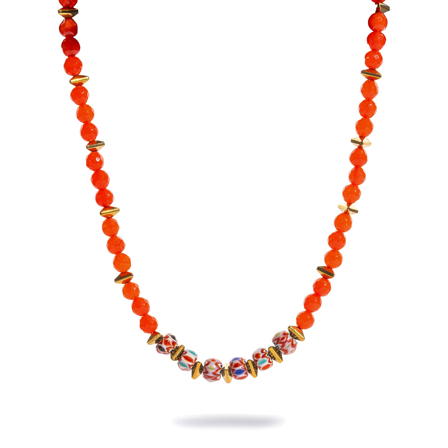 Handmade Carnelian Fire Energy Beaded Choker, a colorful boho choker necklace with faceted carnelian beads, gold spacers, and patterned African beads, laid flat on white background