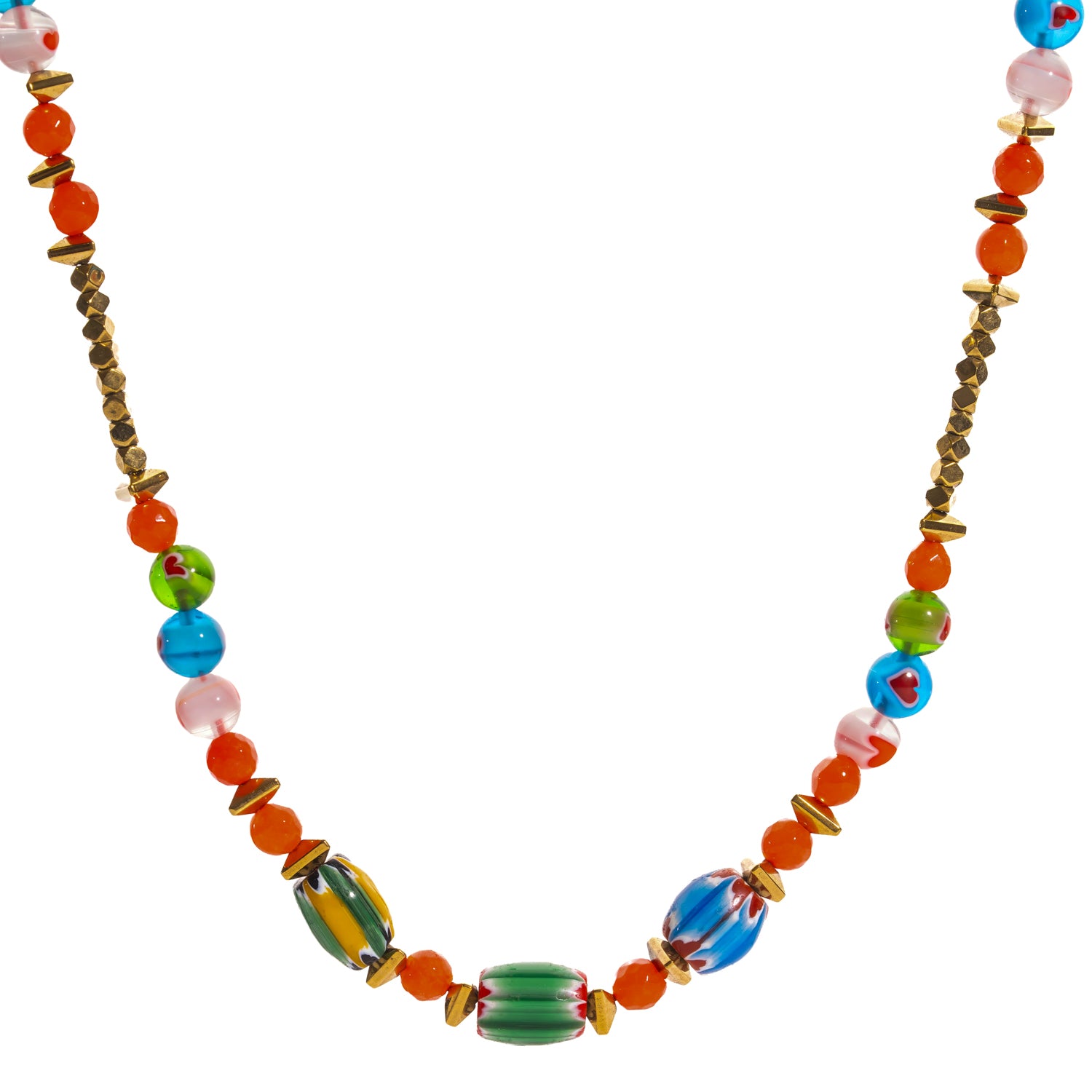 Handmade Carnelian Rainbow Energy Beaded Necklace flat lay, a colorful energy necklace with carnelian beads, gold hematite spacers, and heart-pattern glass beads