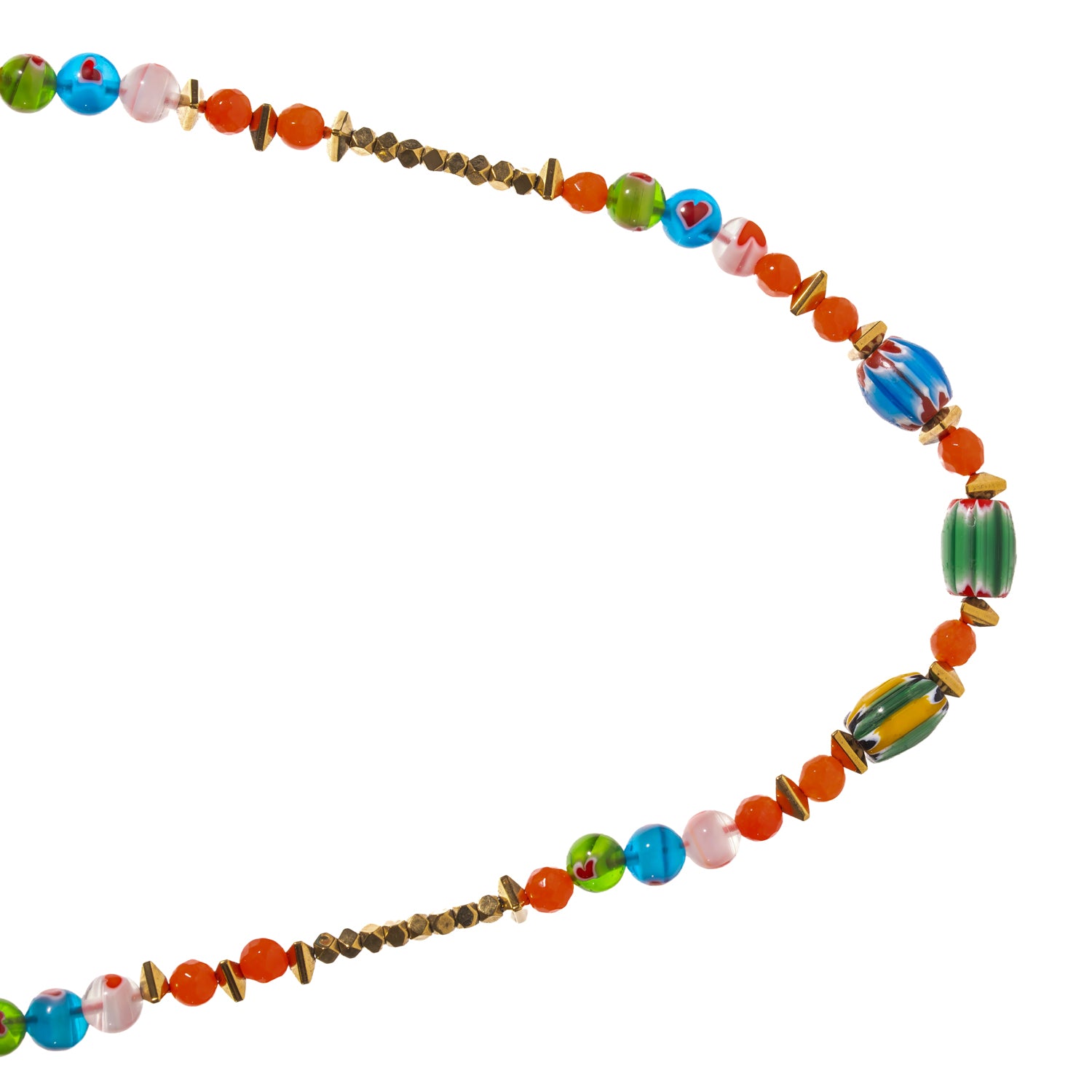 Close-up of the handmade Carnelian Rainbow Energy Beaded Necklace, a colorful energy necklace with gold hematite spacers and multicolor glass beads