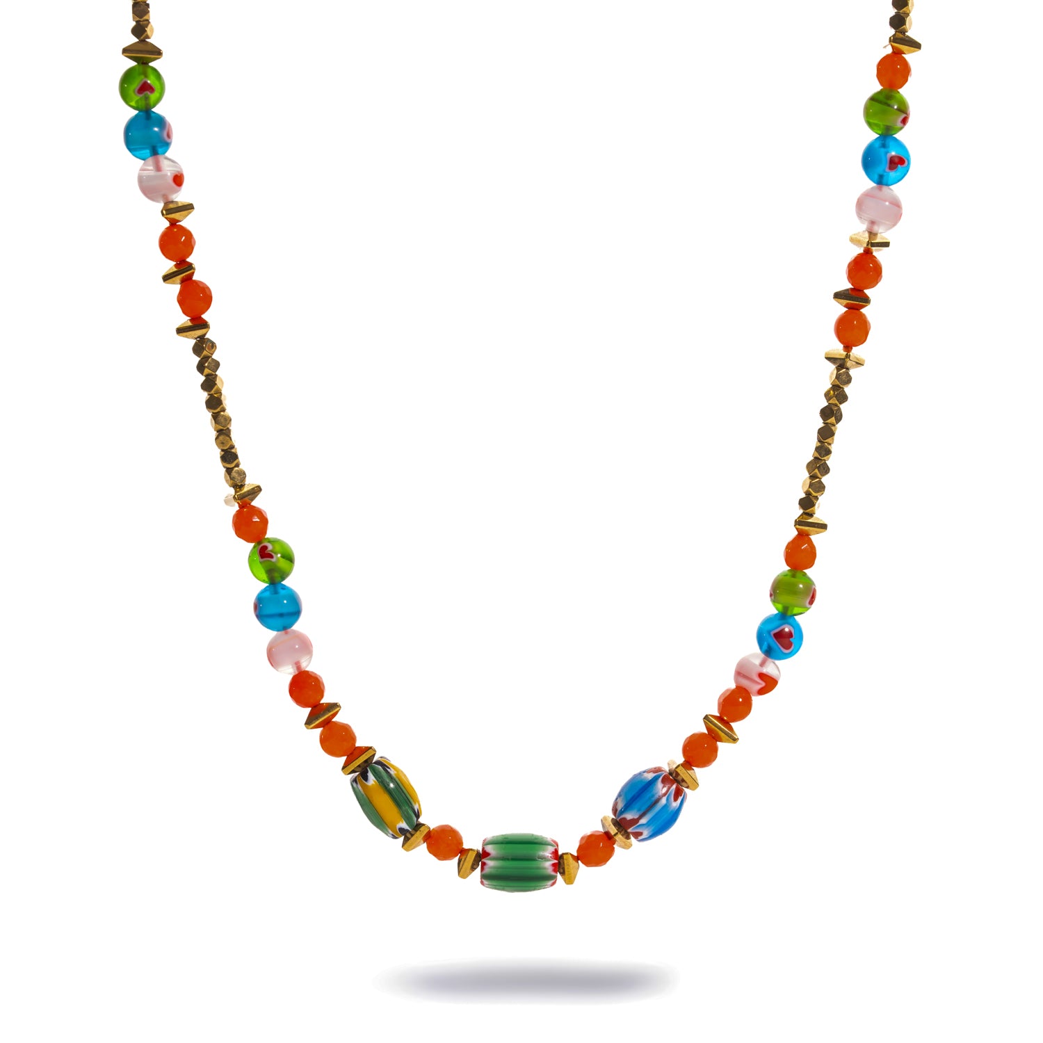 Handmade Carnelian Rainbow Energy Beaded Necklace, a colorful boho beaded necklace with millefiori glass beads, orange carnelian, and gold hematite spacers, laid flat on white background