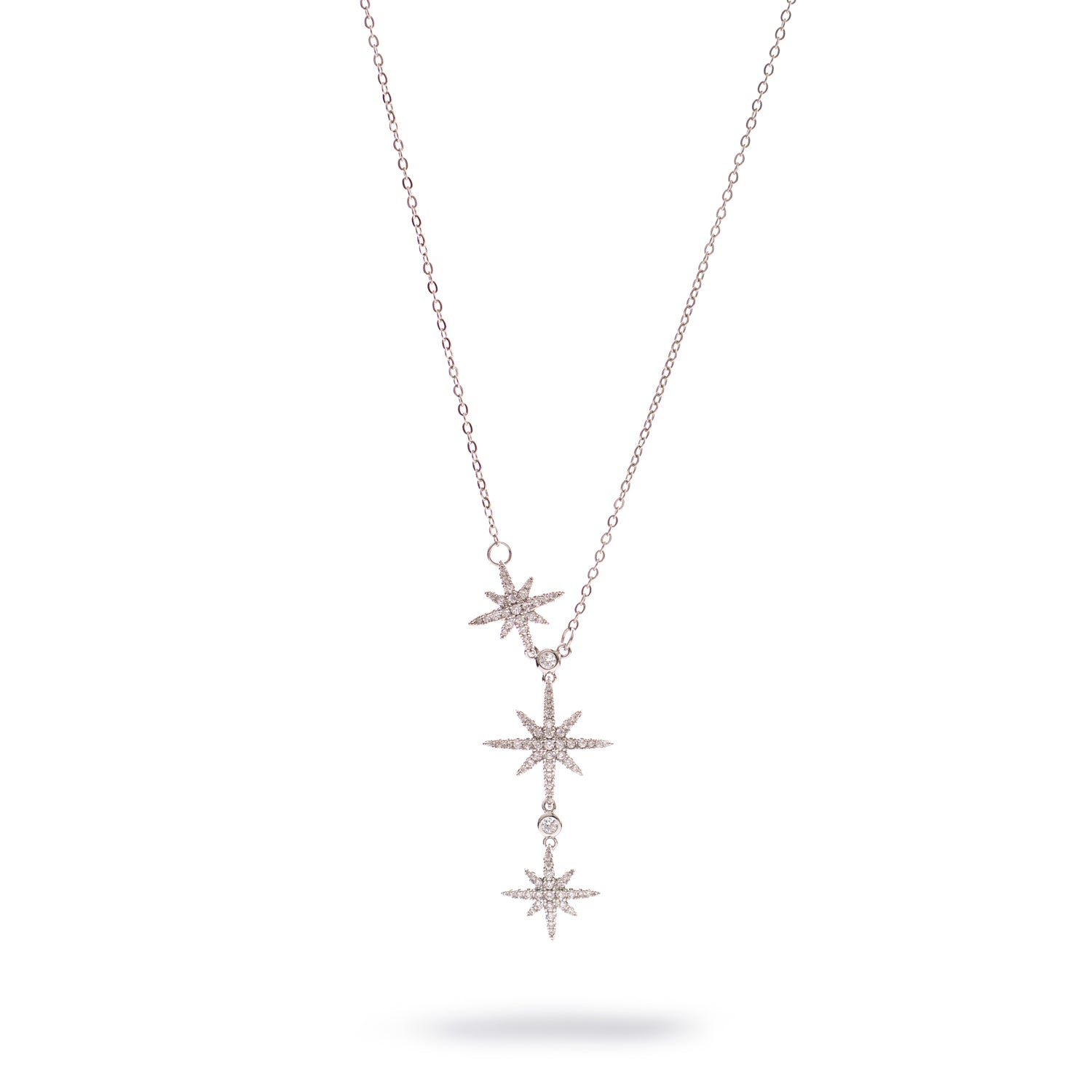 Silver necklace with three star charms and sparkling CZ stones