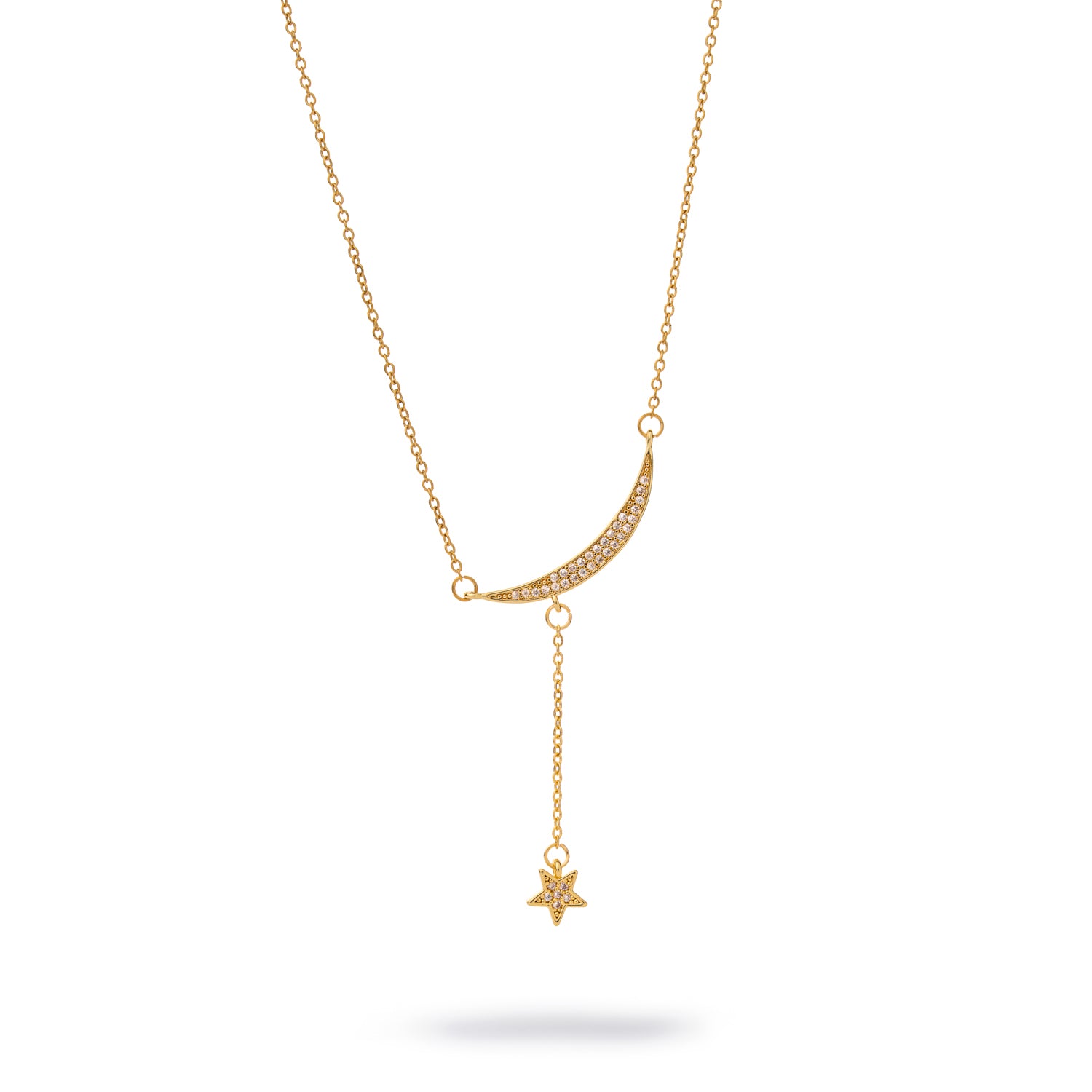 Celestial gold Y-drop necklace with CZ-studded crescent moon and dangling star pendant on an 18k gold-plated chain.
