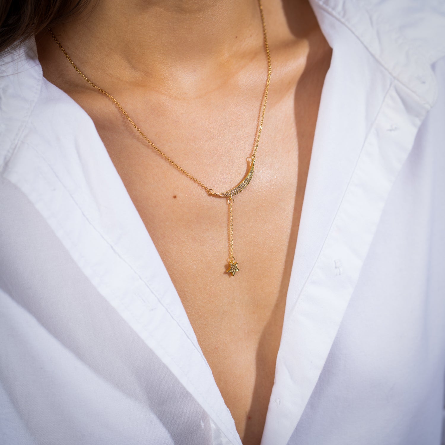 Celestial Moon &amp; Star Drop Gold Necklace