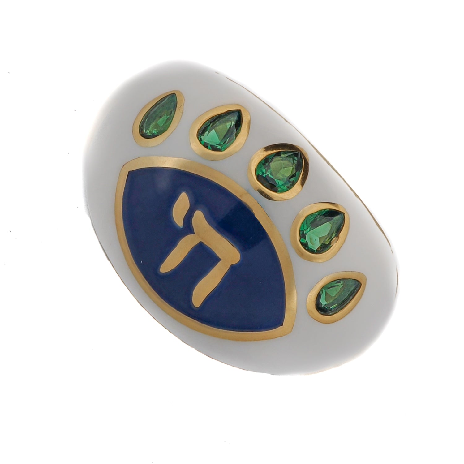 Modern adjustable ring with a spiritual Chai symbol, vibrant emerald accents, and protective eye design.