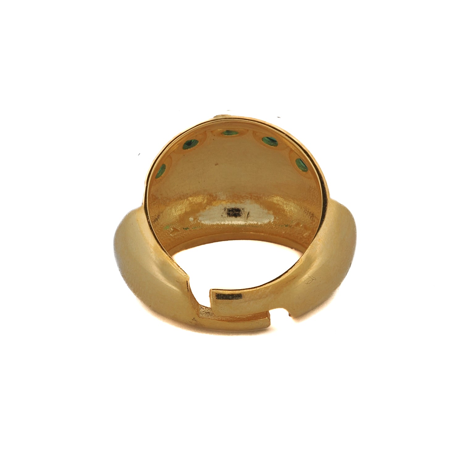 Sophisticated adjustable ring with a protective eye design, emerald stones, and 18K gold-plated finish.