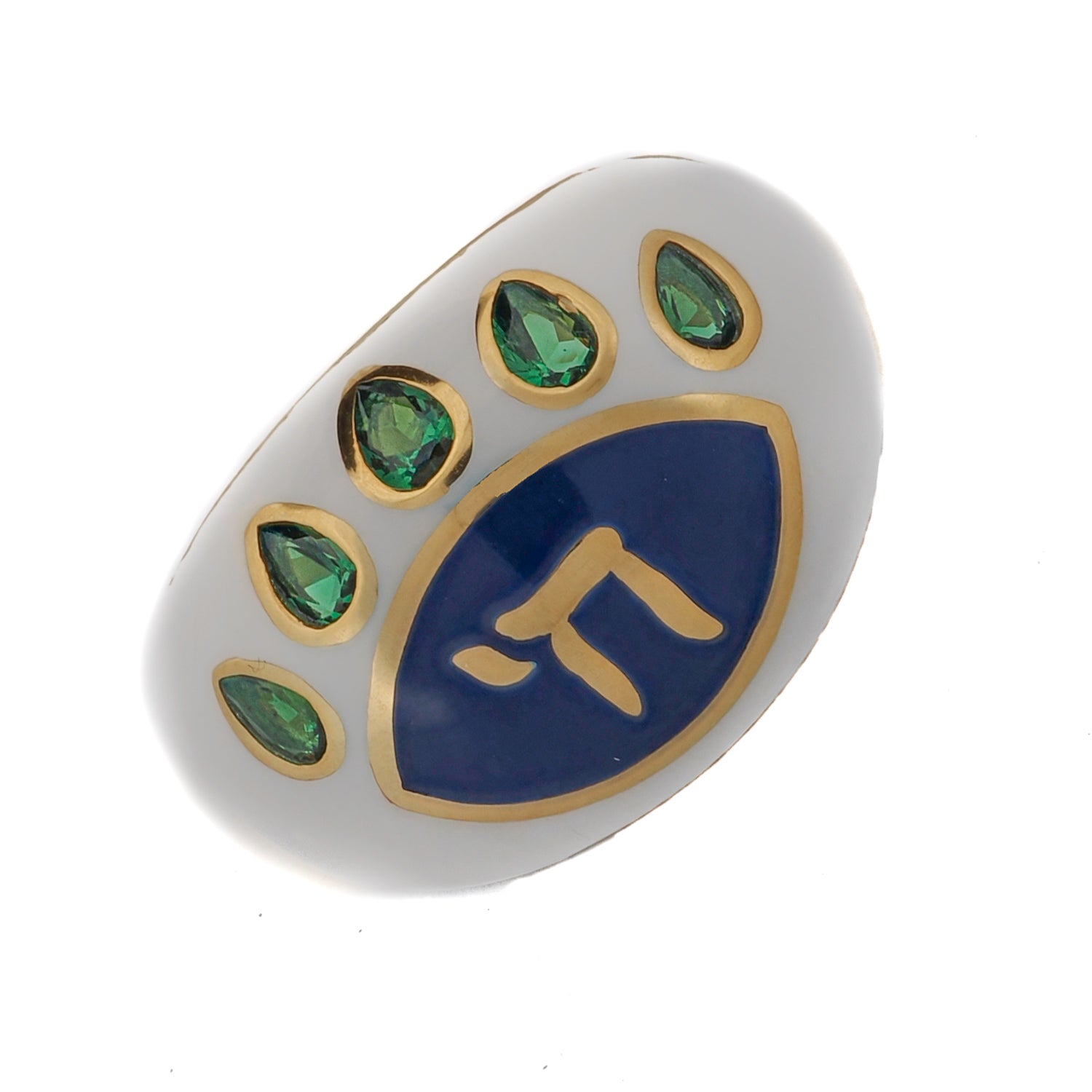 Close-up of a blue enamel ring with 18K gold-plated sterling silver band and detailed emerald stone embellishments.
