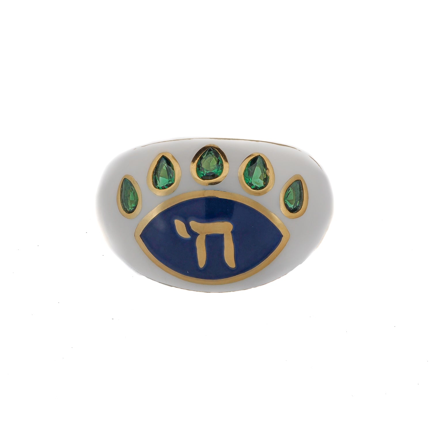 Chai Symbol &amp; Emerald Eye Blue Enamel Adjustable Ring with 18K gold-plated sterling silver band and emerald accents.