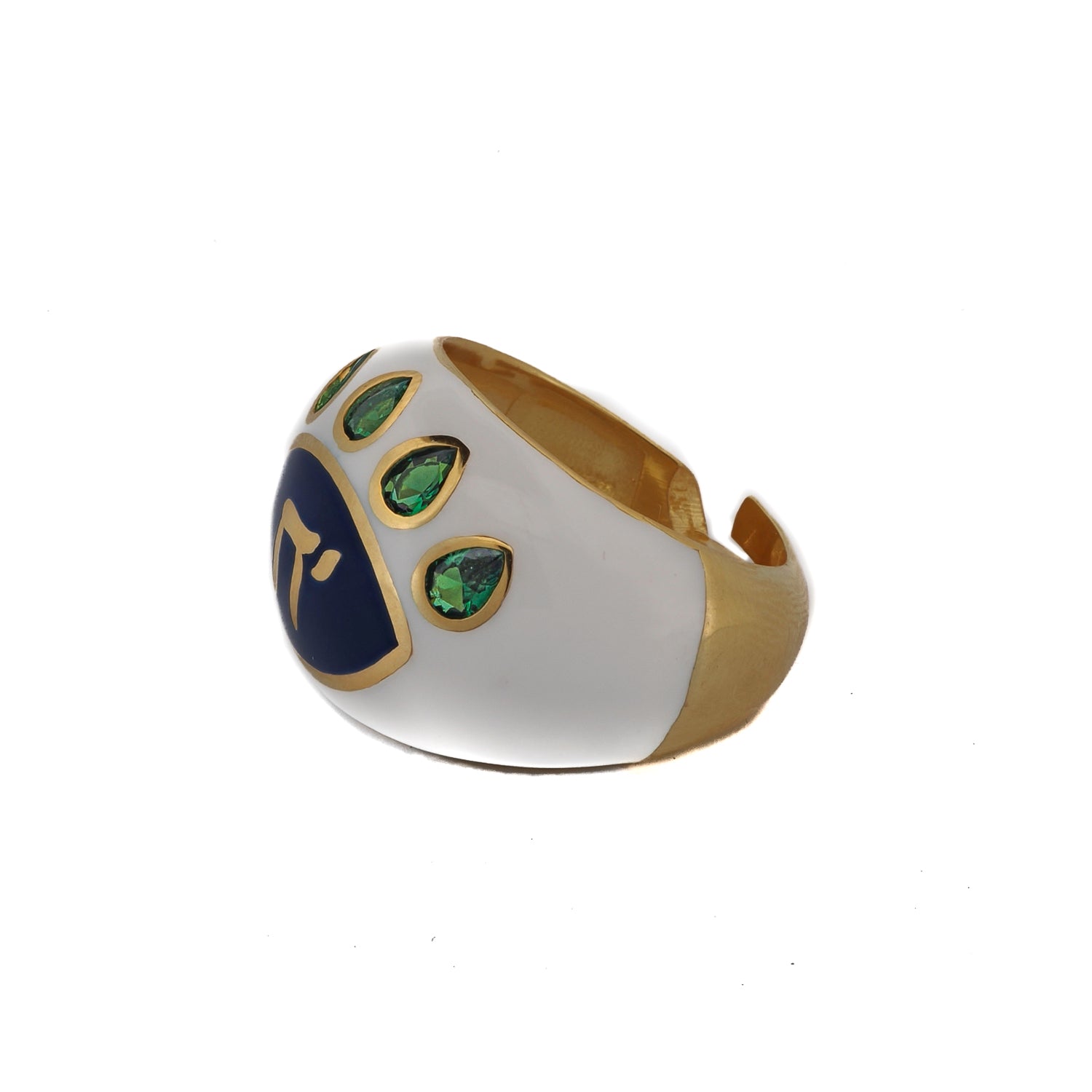 Adjustable 18K gold-plated sterling silver ring with white enamel, emerald eyelashes, and spiritual Chai symbol.