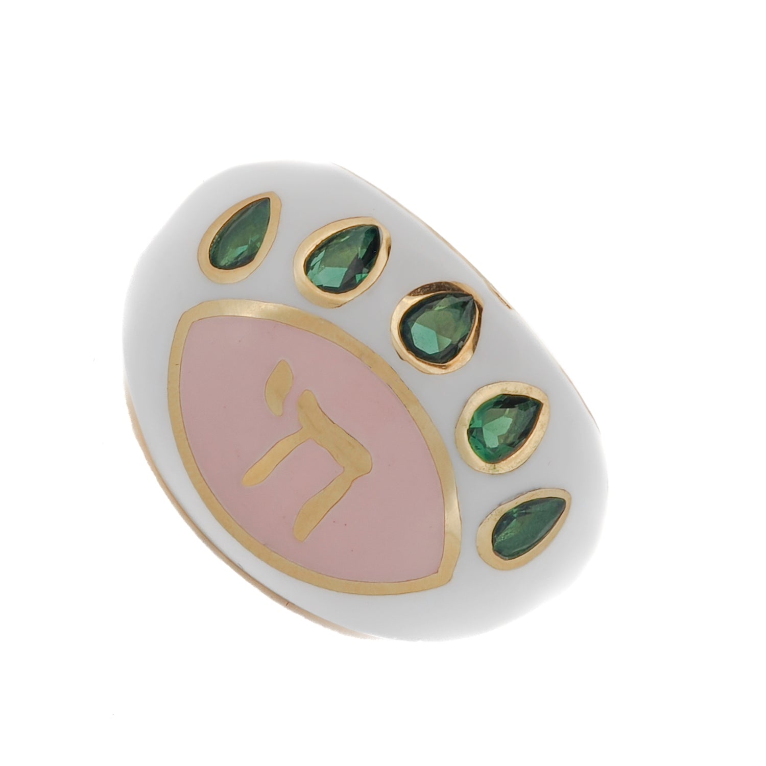 Modern adjustable ring with a spiritual Chai symbol, vibrant emerald stones, and a protective eye motif in pink enamel.