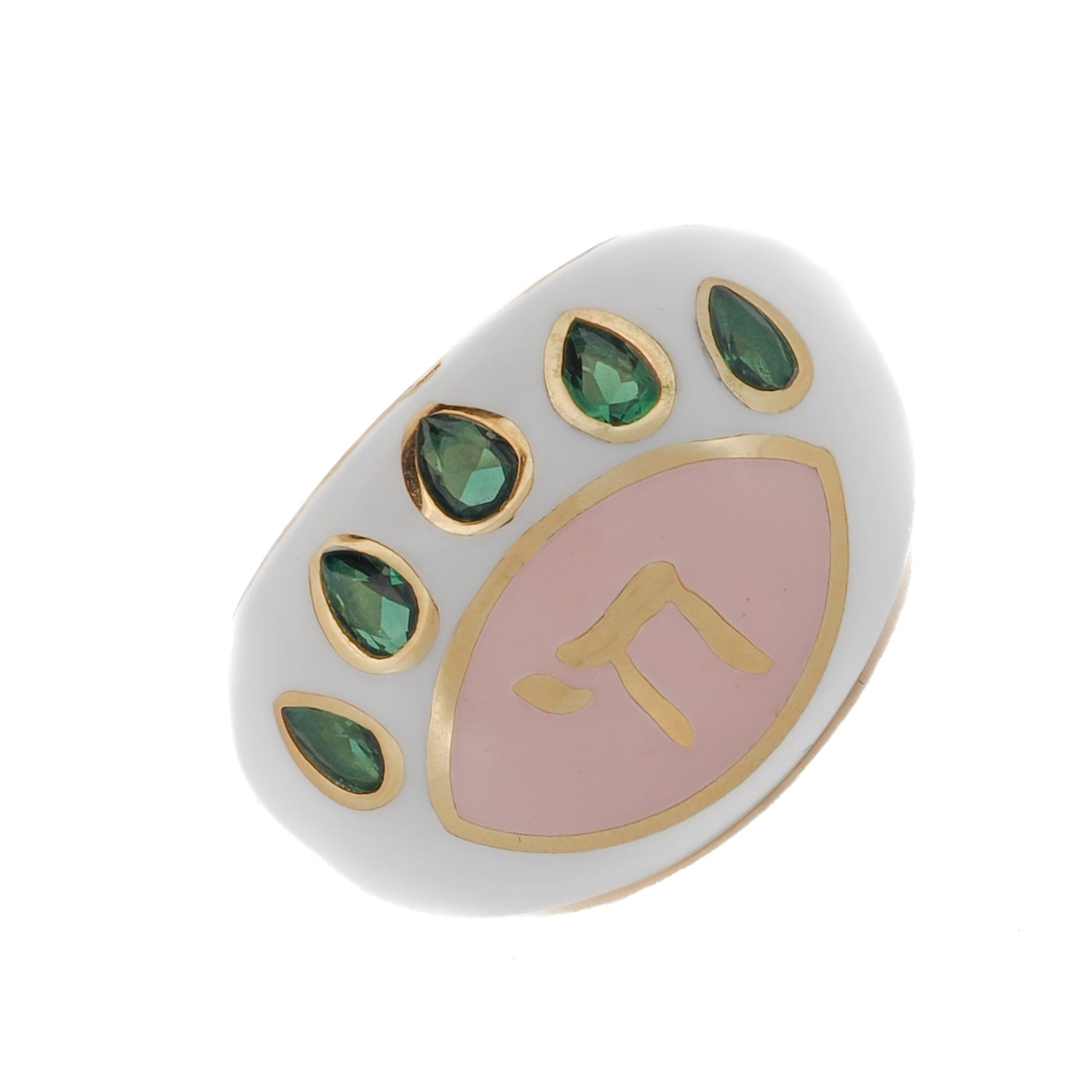 Close-up of a pink enamel ring with an 18K gold-plated sterling silver band and detailed emerald embellishments.