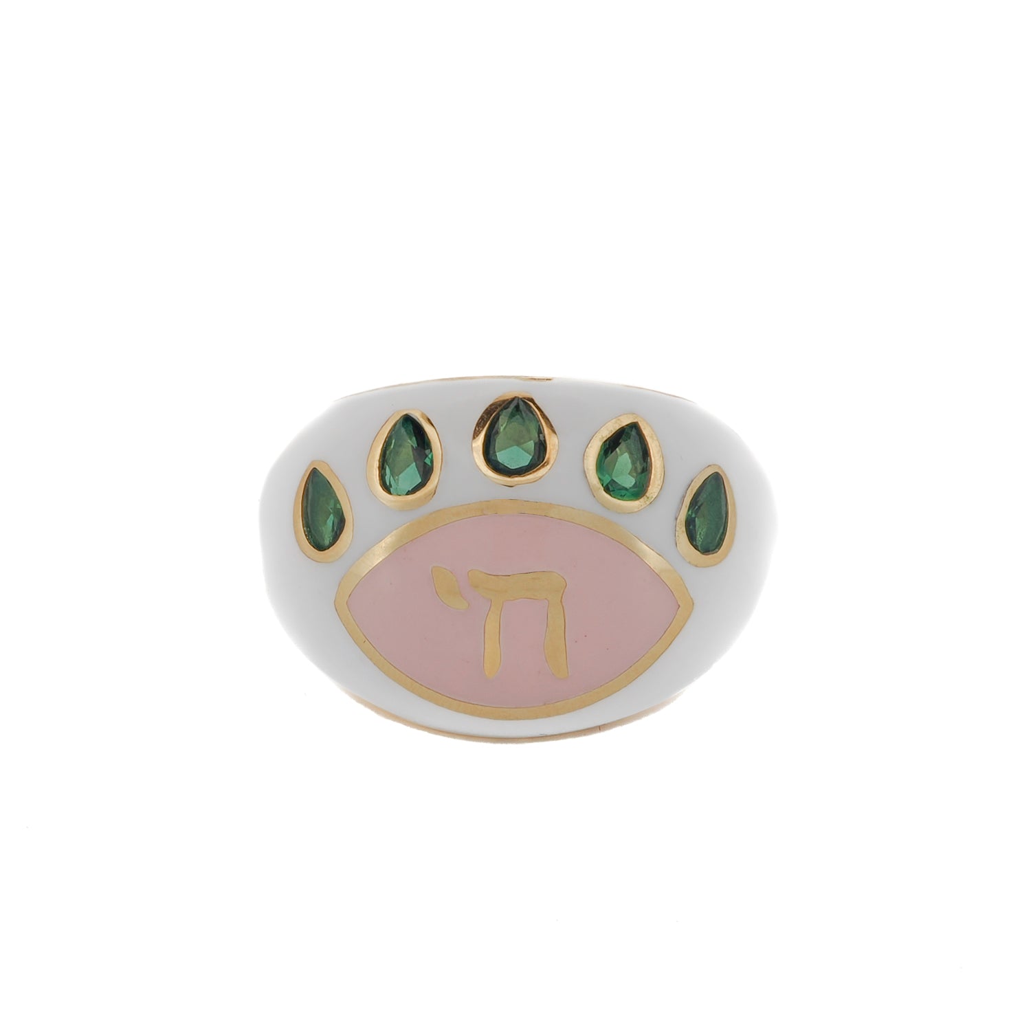 Chai Symbol & Emerald Eye Pink Enamel Adjustable Ring with 18K gold-plated sterling silver band and emerald accents.