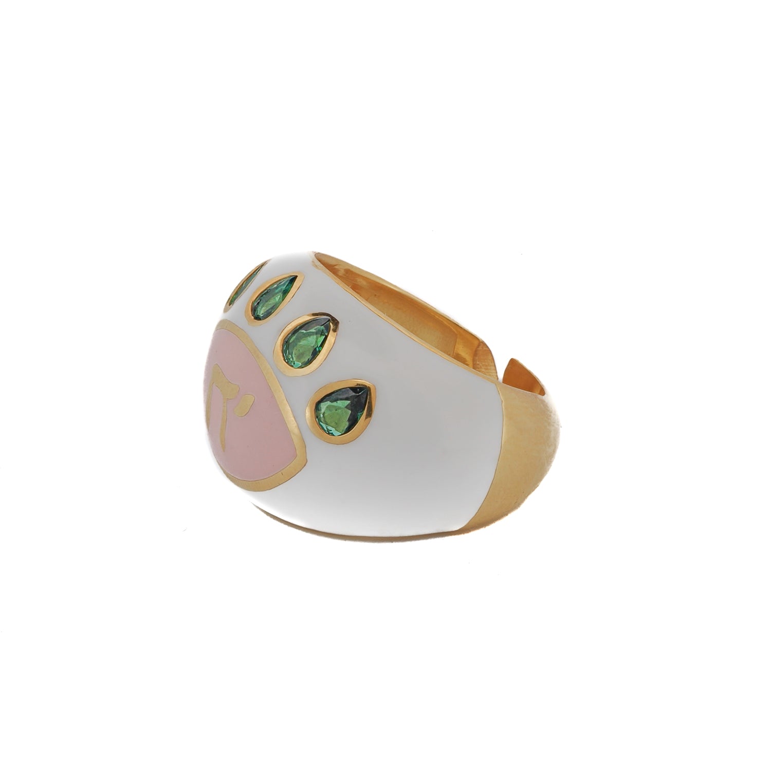 Chai symbol ring with a unique protective eye motif, handcrafted with pink enamel and accented with emerald stones.