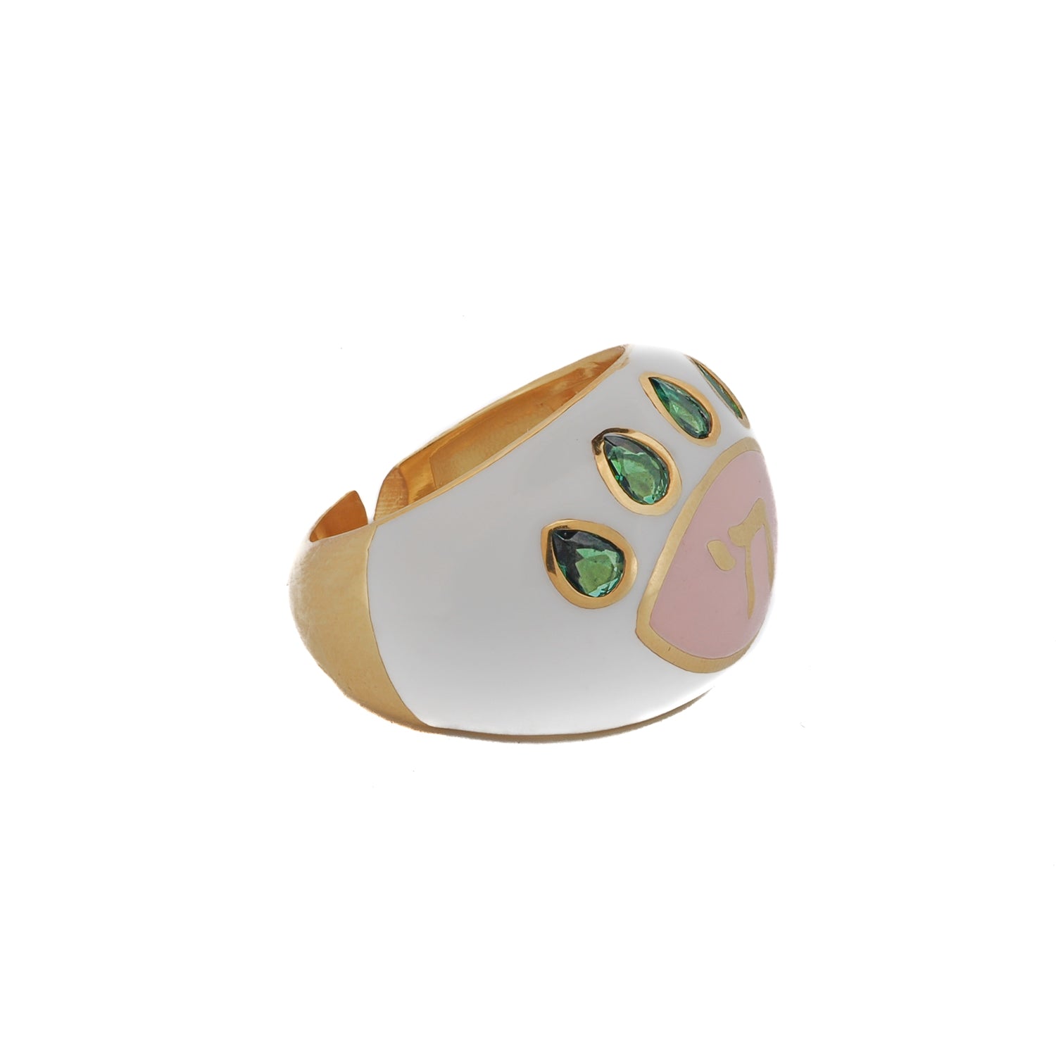 Adjustable 18K gold-plated sterling silver ring with white and pink enamel, emerald-studded eyelashes, and a Chai symbol.