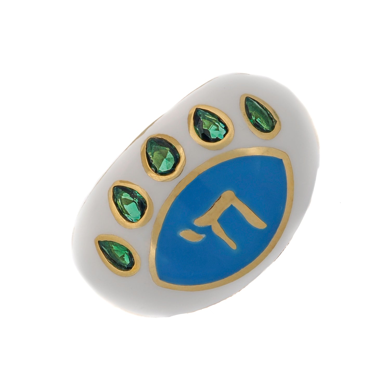 Chai symbol ring with a protective eye motif, handcrafted with white enamel and accented with vibrant emerald stones.