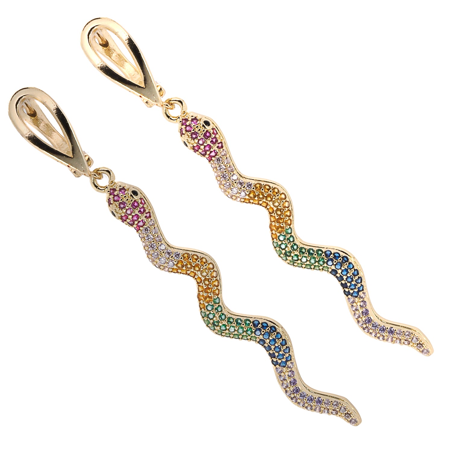 Playful and eye-catching Cheerful Snake Earrings with vibrant multicolor zircon stones.