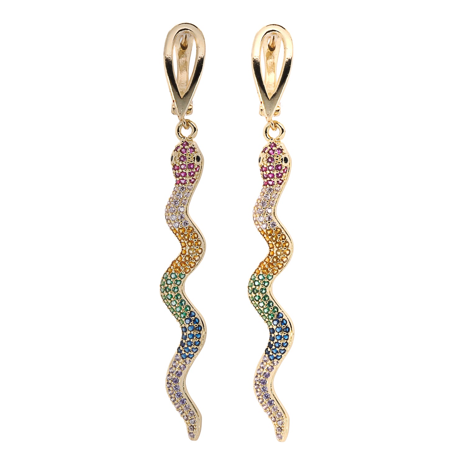 Cheerful Snake Earrings featuring a gold-plated snake design with multicolor zircon stones.