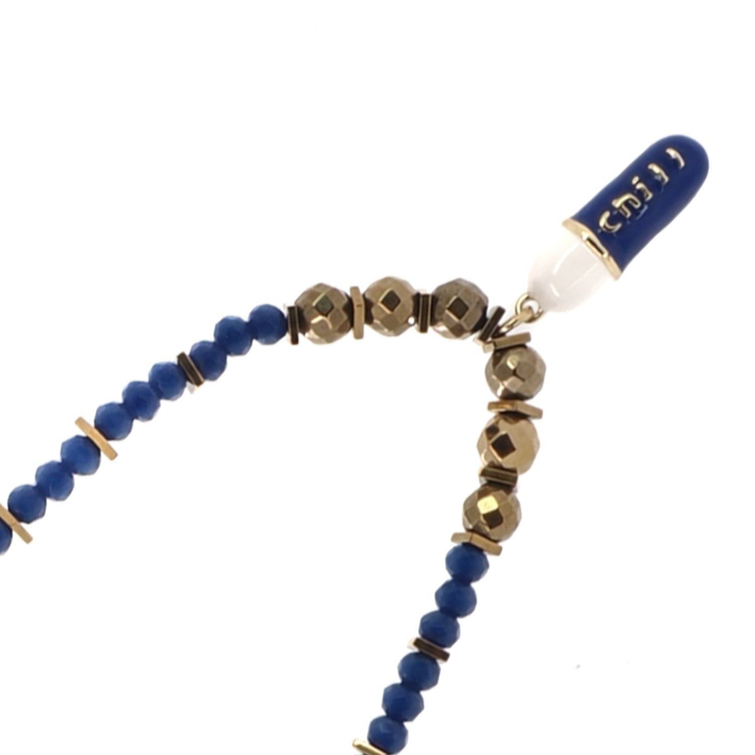 Chill pill pendant in navy and ivory enamel with gold script on blue beaded necklace by Ebru Jewelry