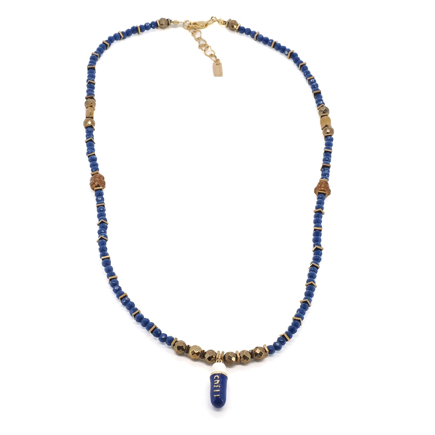 Chill Pill beaded blue necklace with pendant and Buddha accent beads, Mantra Collection by Ebru Jewelry