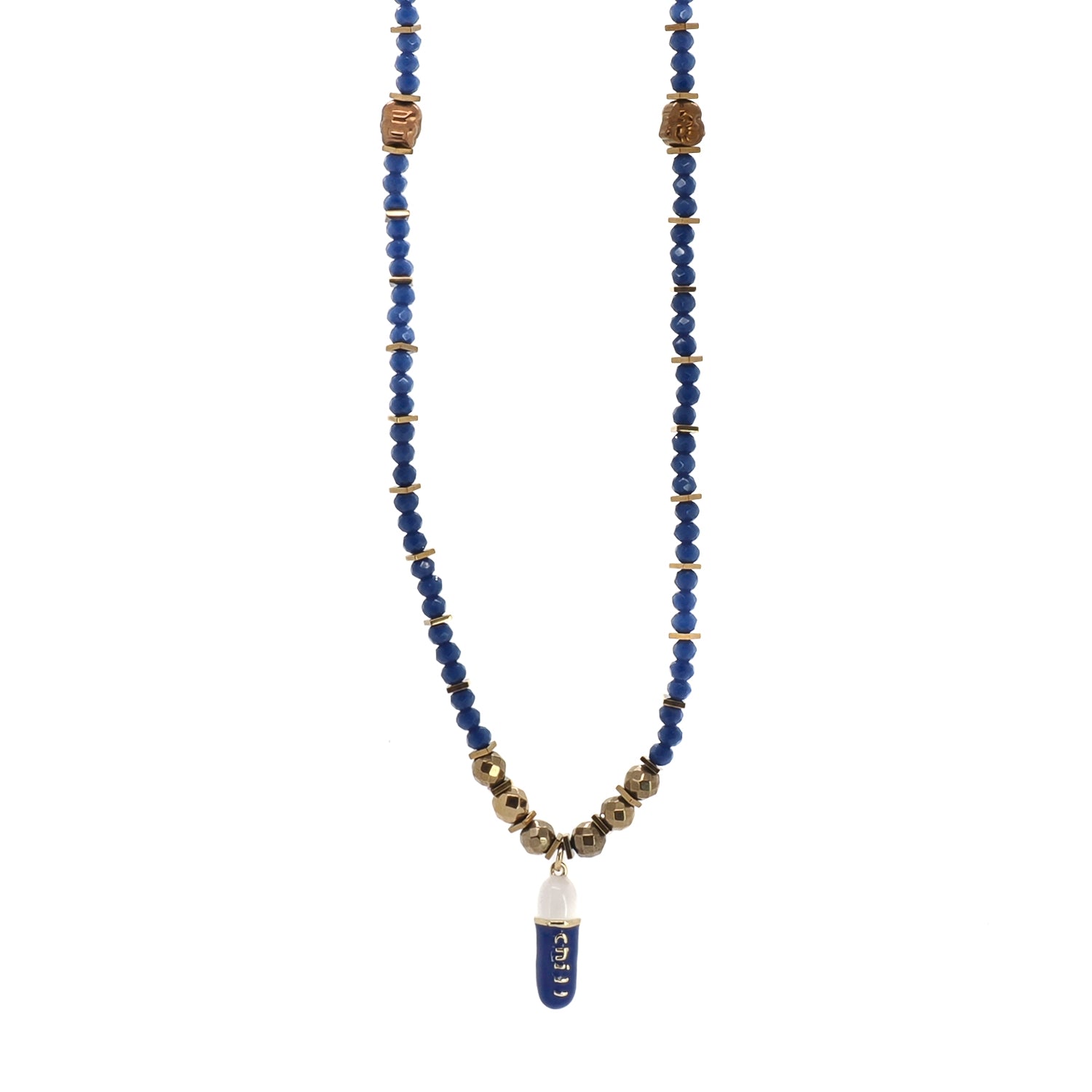 Detail of Chill pill pendant with hematite Buddha bead and gold spacer accents