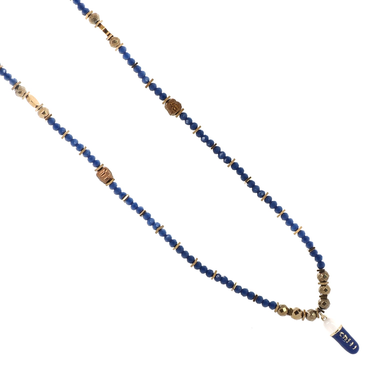 Long blue beaded necklace with Chill mantra pendant in navy enamel, Mantra Collection by Ebru Jewelry