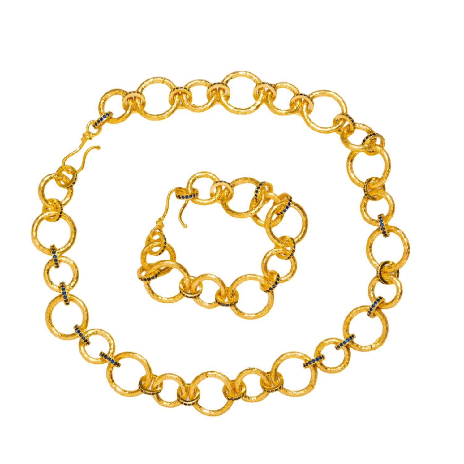 Chunky Link Chain Necklace with Sapphire Stones and Matching Bracelet for a Luxe, Refined Look
