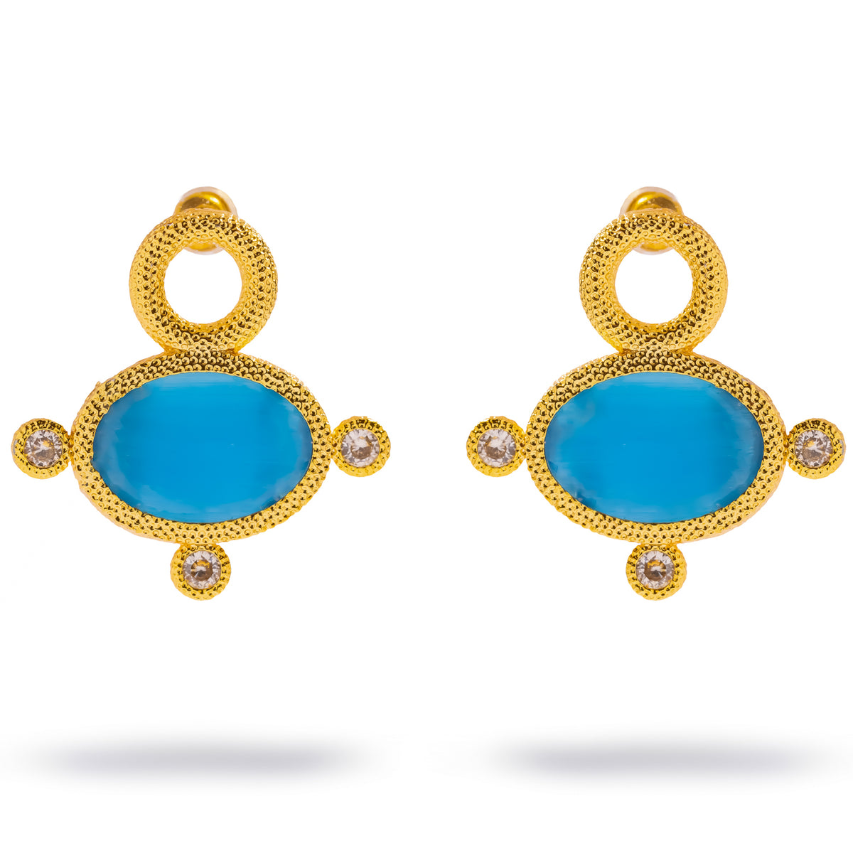 Cleopatra Blue Cat's Eye Gold Stud Earrings, an oval blue cat's eye stone in a granulated gold bezel with an open ring above and three zircon points