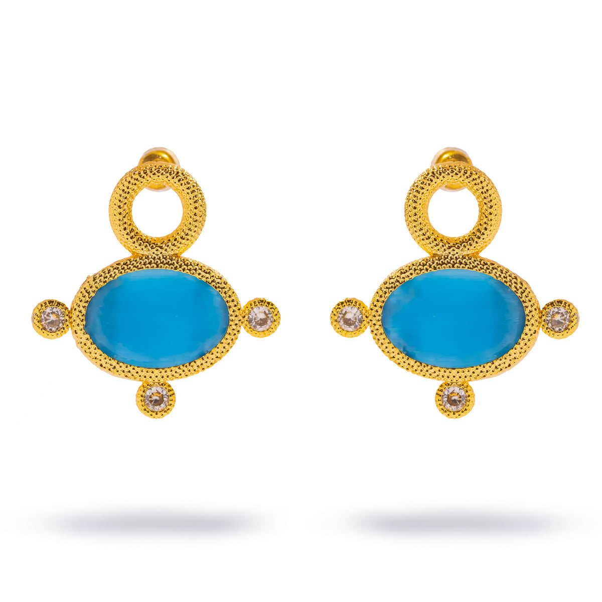 Front view of the Cleopatra blue cat's eye gold stud earrings, both stones facing forward