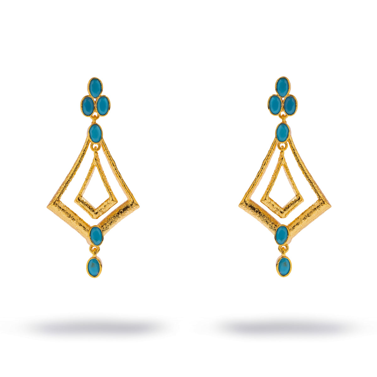 Front view of the turquoise kite gold dangle earrings showing the three stone cluster and turquoise drop
