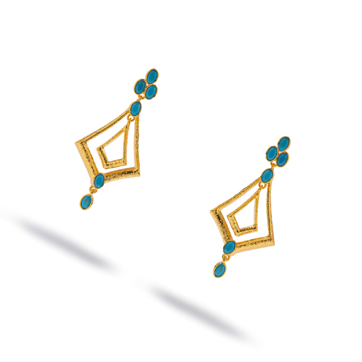 Cleopatra Boho Turquoise Gold Dangle Earrings with oval turquoise cabochons and a hammered gold double kite frame