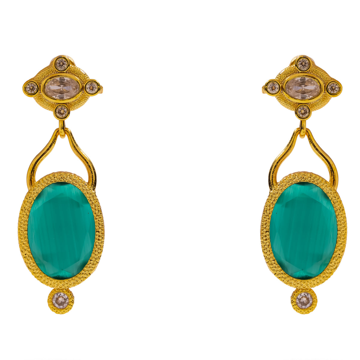 Cleopatra Emerald Cat Eye Gold Drop Earrings up close, clear zircon tops ringed by four small zircons
