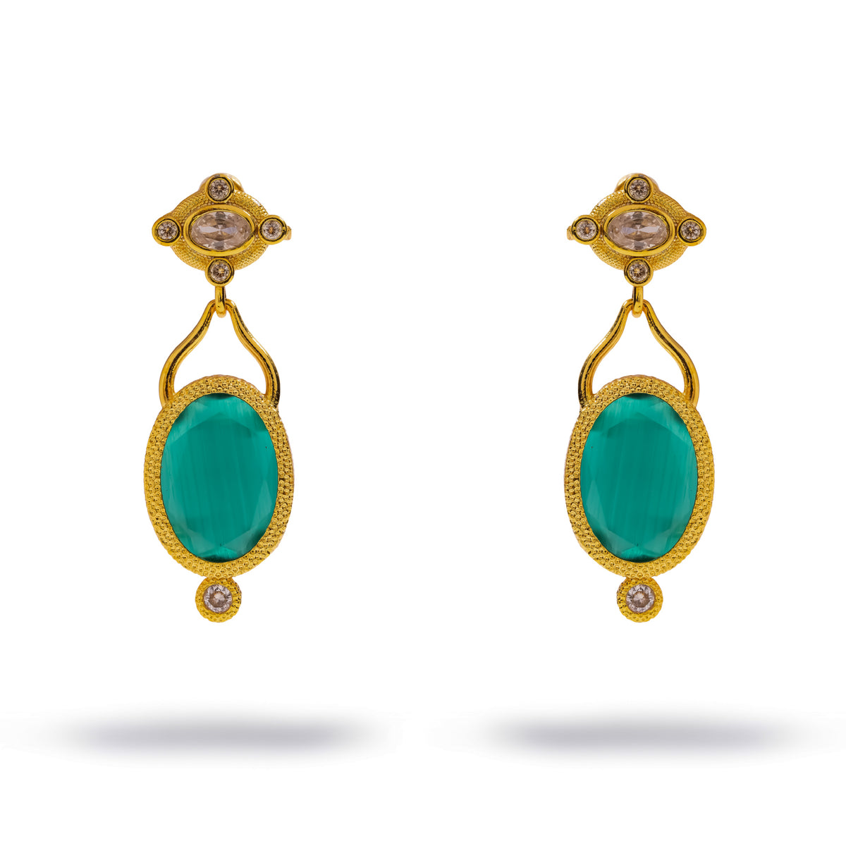 Cleopatra Emerald Cat Eye Gold Drop Earrings, front view of the pair with oval green cat eye stones in textured gold
