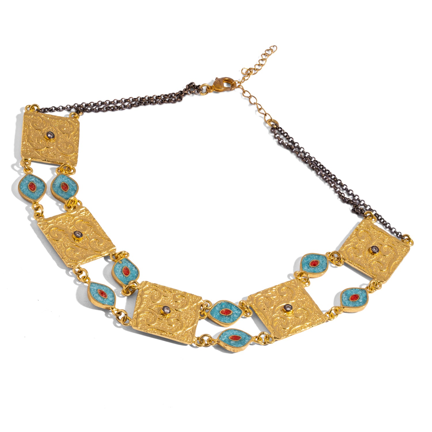 Cleopatra Evil Eye Turquoise & Coral Engraved Gold Collar Necklace shown at an angle with the oxidized back chain and adjustable extender