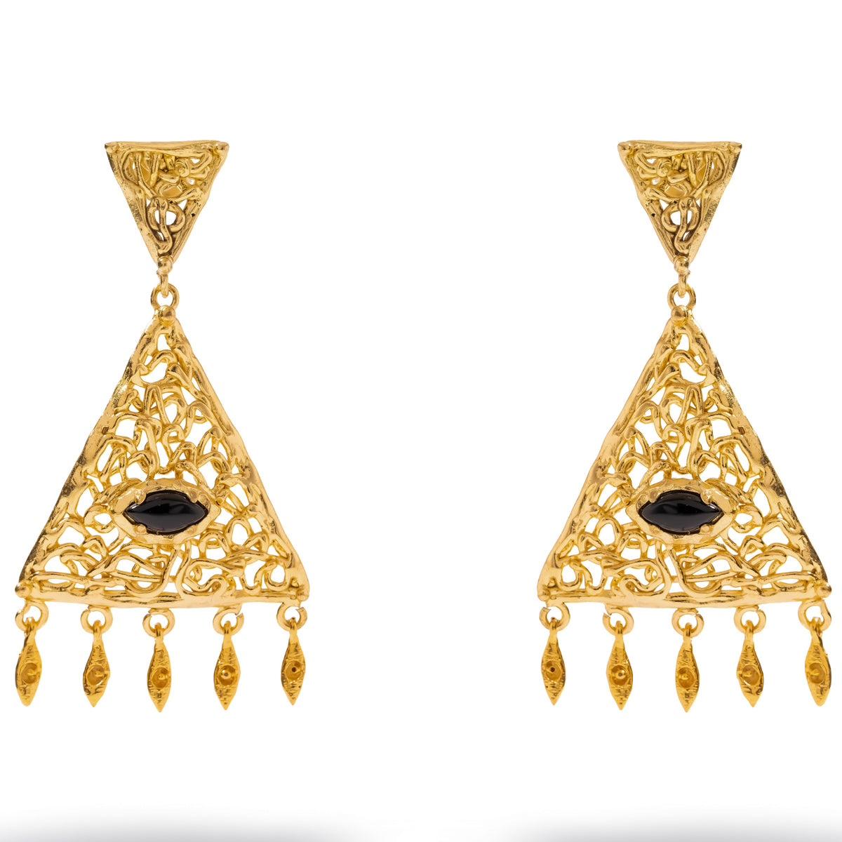 Cleopatra Filigree Black Onyx Gold Chandelier Earrings, pierced gold filigree triangles centered on a marquise black onyx with five hanging drops