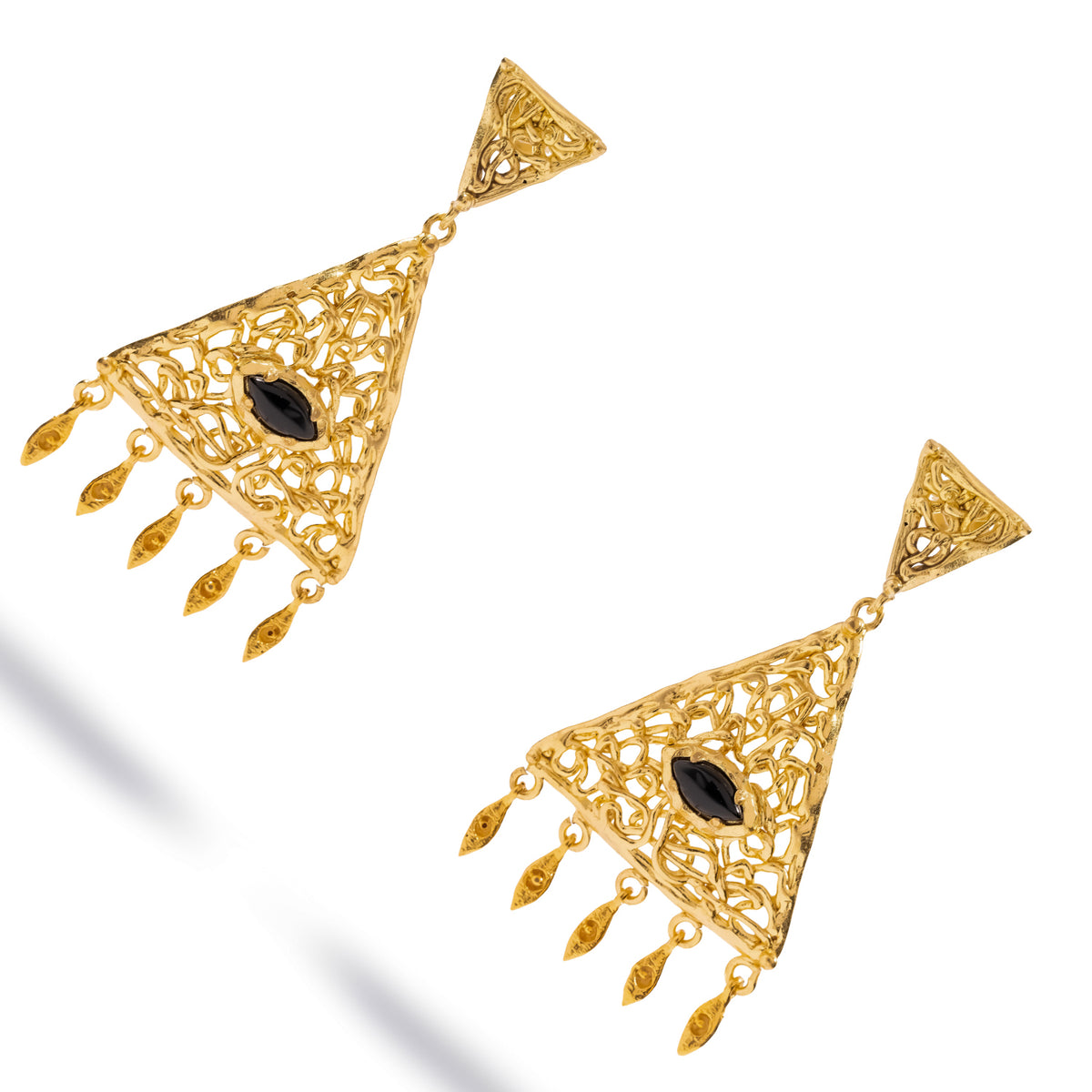 Angled view of the pair showing the depth of the pierced filigree and the marquise onyx at the center
